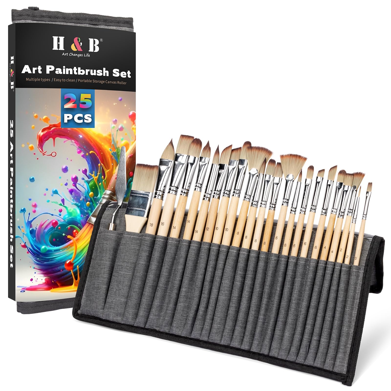 H&B 25pcs Professional Paint Brushes Set | Synthetic Hair Artist Kit