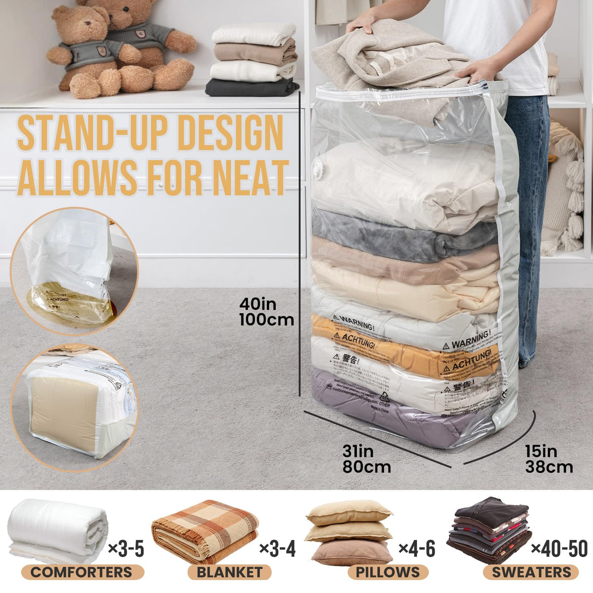 TAILI Extra Large Vacuum Storage Bags Cube 4 Jumbo80x100x38 CM, Cream - image 3