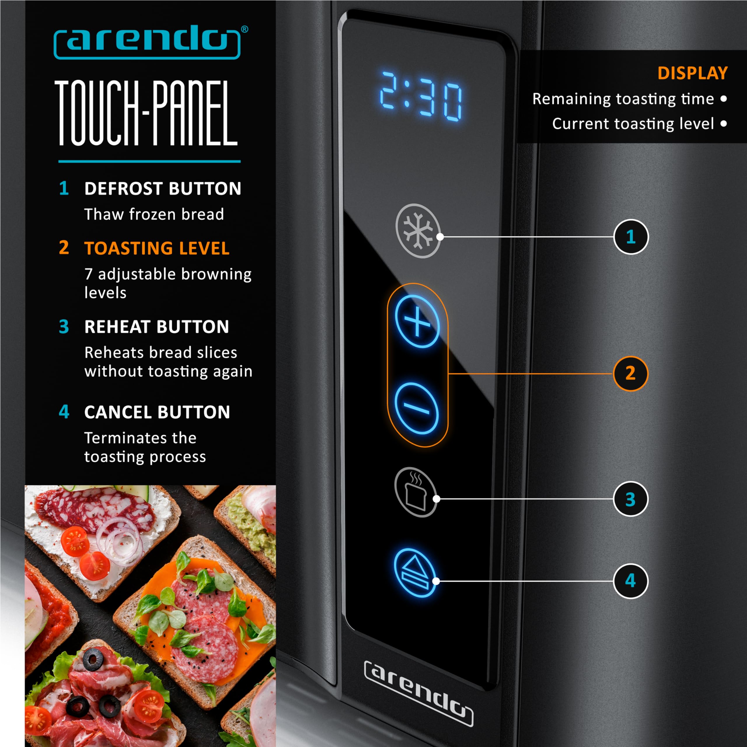 Arendo 4-Slice Long Slot Toaster with Touch Panel and Warming Rack