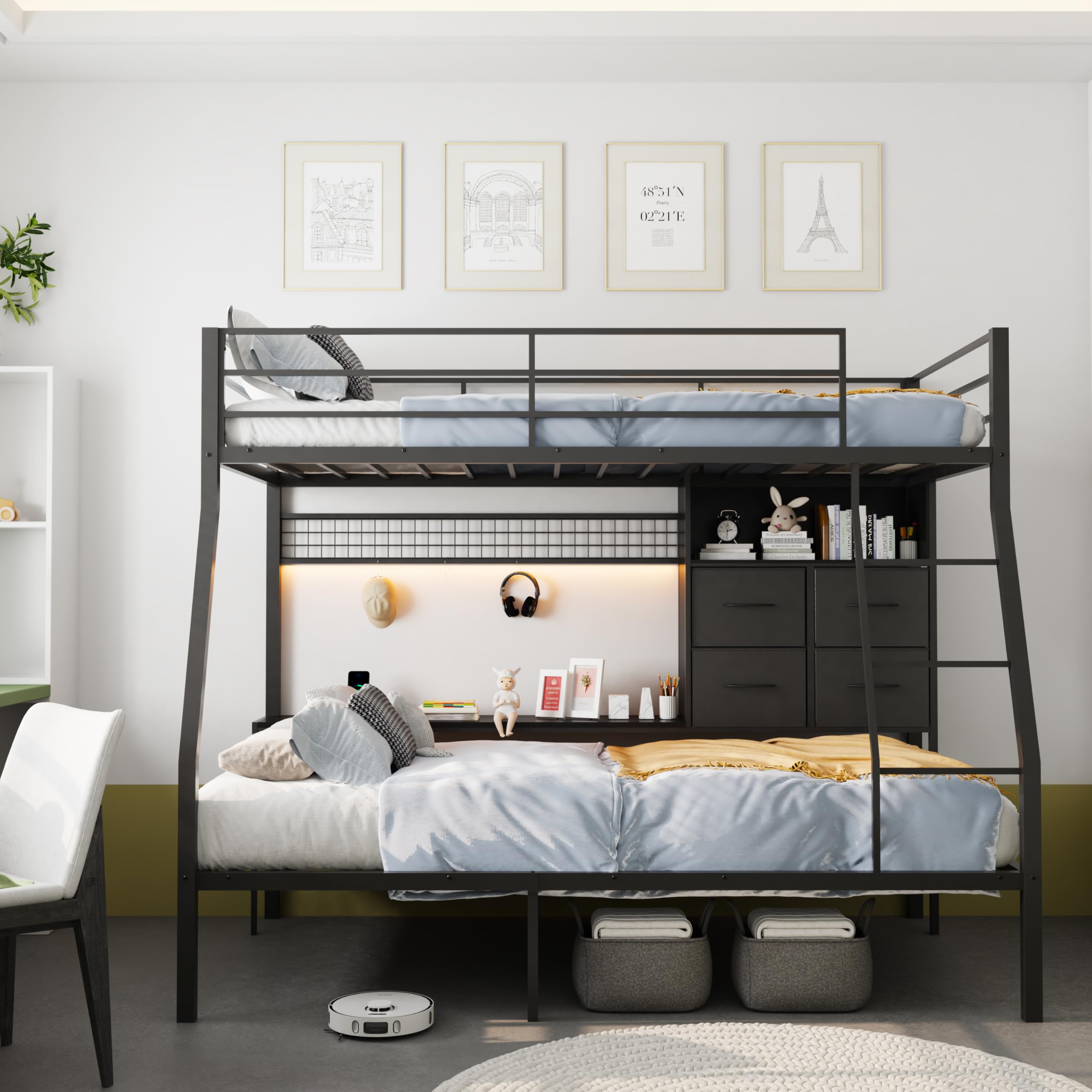 XINBEDEU Metal Bunk Bed with Desk and Storage – Modern Black Bed Frame