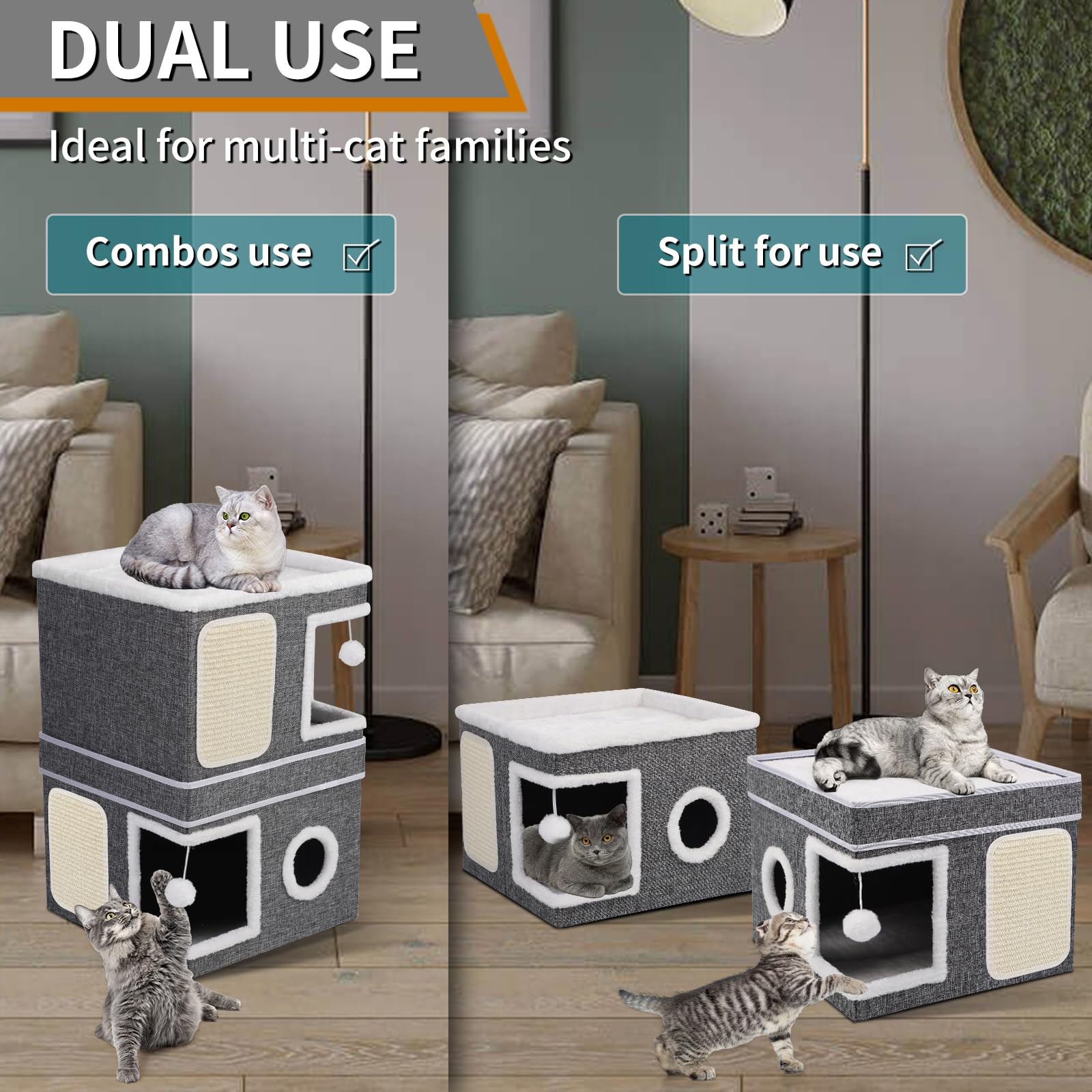 Shikha 3-Storey Foldable Cat House | 2-in-1 Indoor Condo with Scratch Pads
