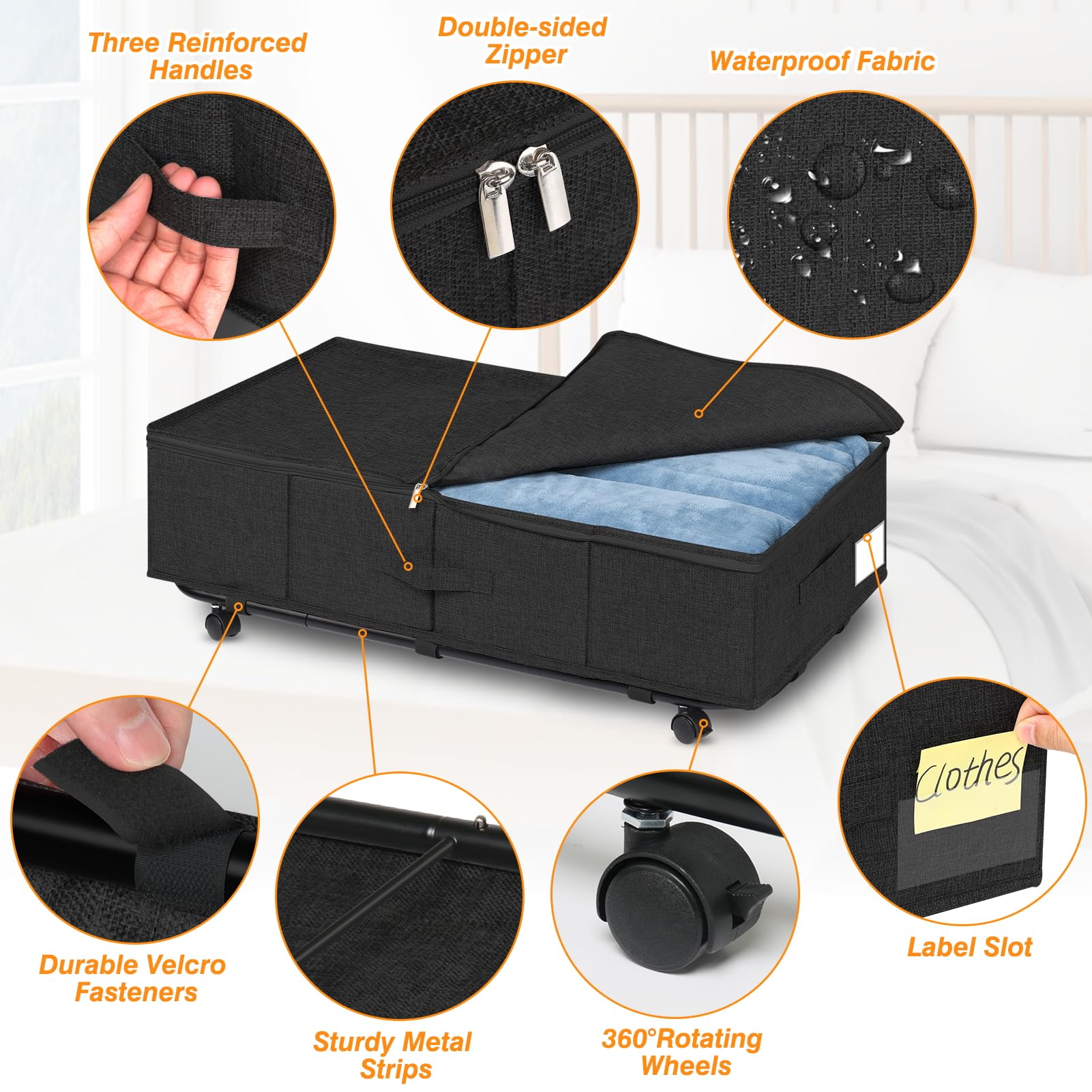 Huquter Underbed Storage on Wheels | 2-Pack 50L Foldable Metal Bins