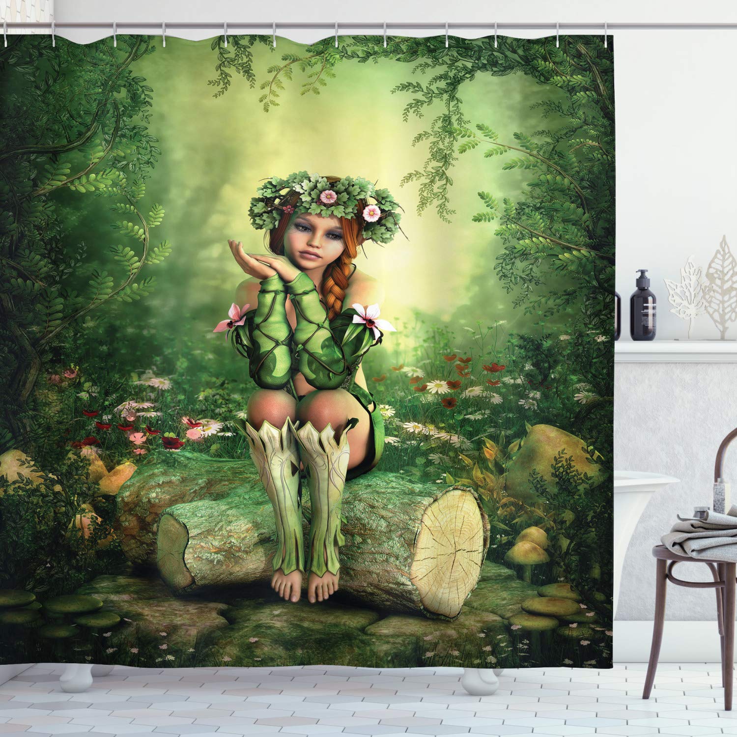 ABAKUHAUS Fairy Elf Girl Fabric Shower Curtain - Waterproof, 69 x 86 in