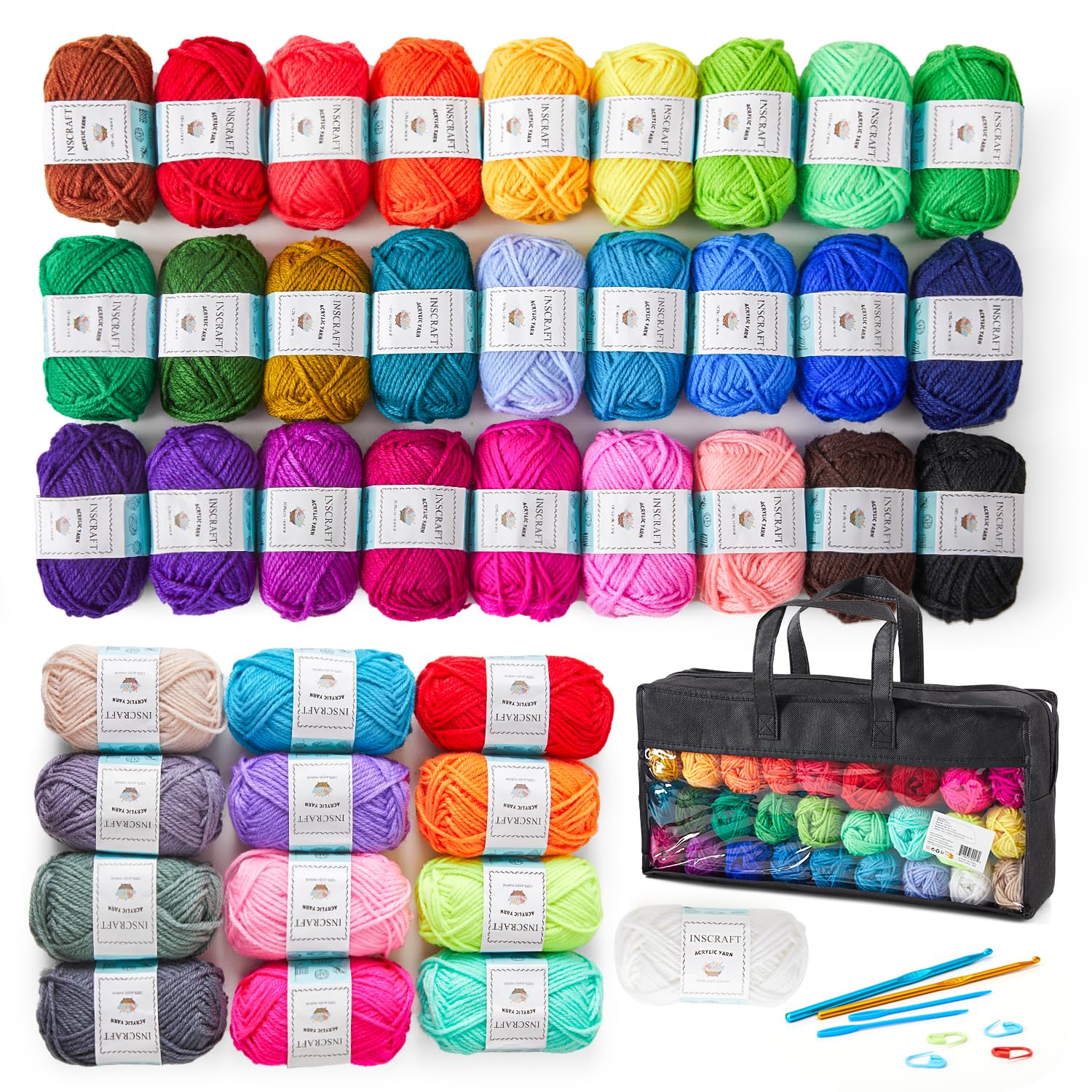 Inscraft 40-Color Acrylic Crochet Yarn Kit with Storage Bag and Tools