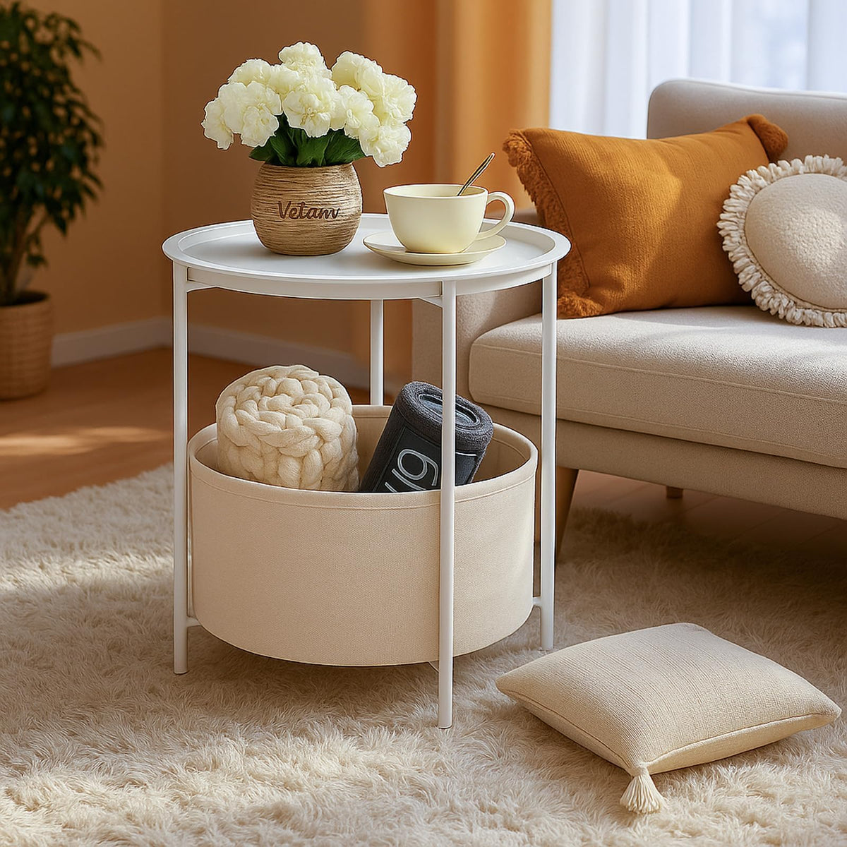 Rinkgarden Round Side Table with Fabric Basket, Modern and Sturdy, Metal End Table for Living Room, Bedroom, Bedside Table, Nursery - image 2