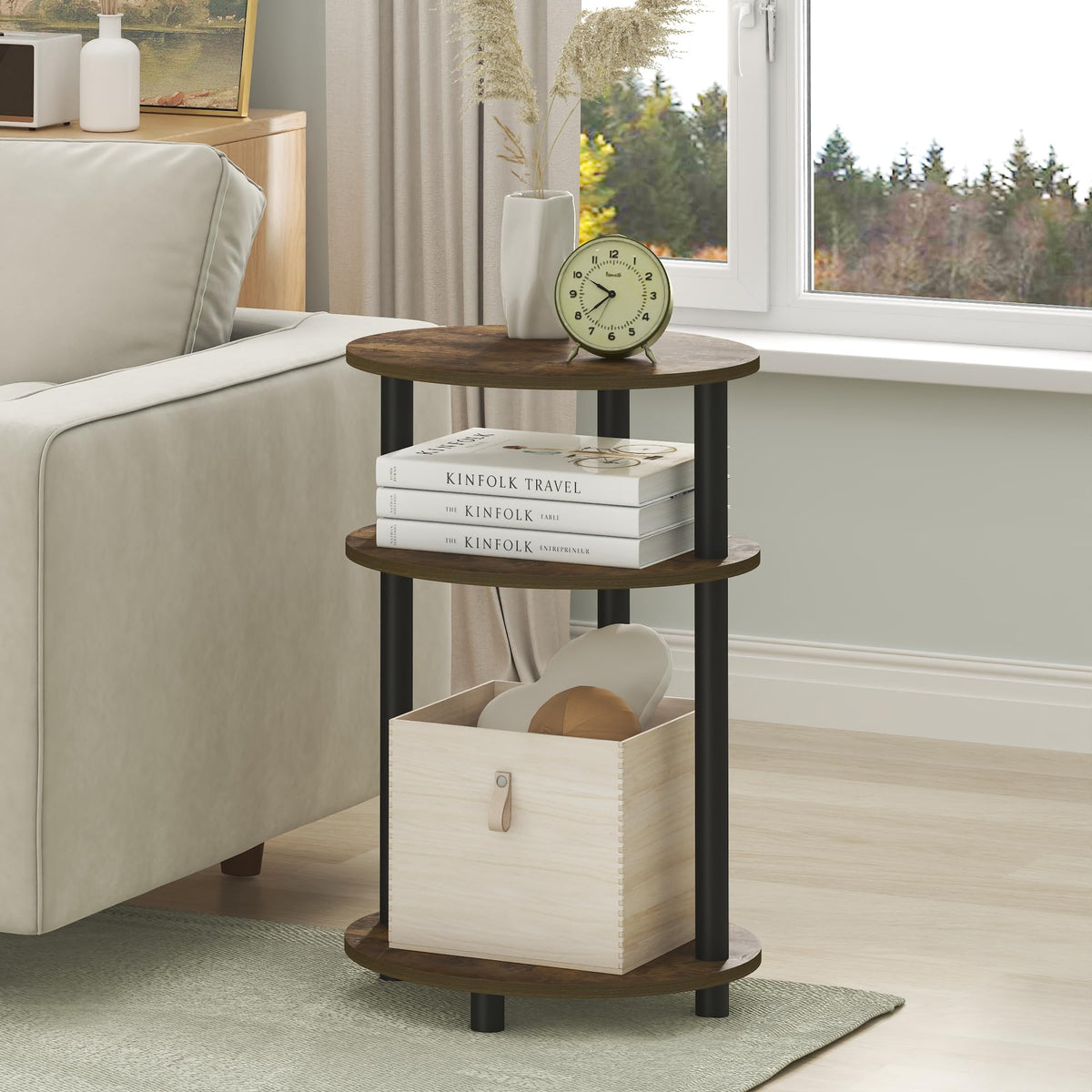 Furinno TURN-N-TUBE Side Table, 3-Tier Oval End Table, Night Stand, Bedside Table, for Living Room, Bedroom, Amber Pine/Black - image 1