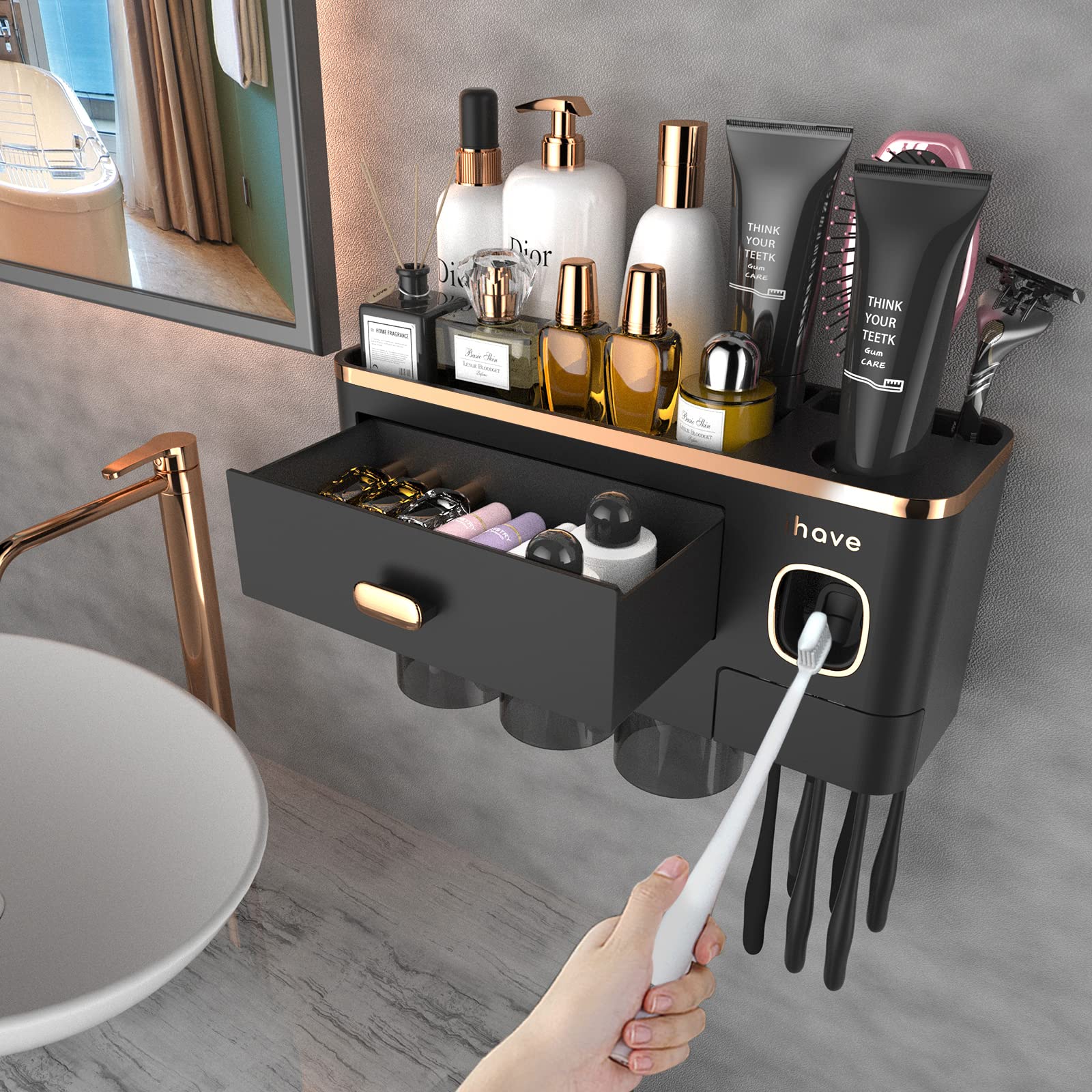 iHave Wall Mounted Toothbrush Holder with Toothpaste Dispenser & 3 Cups