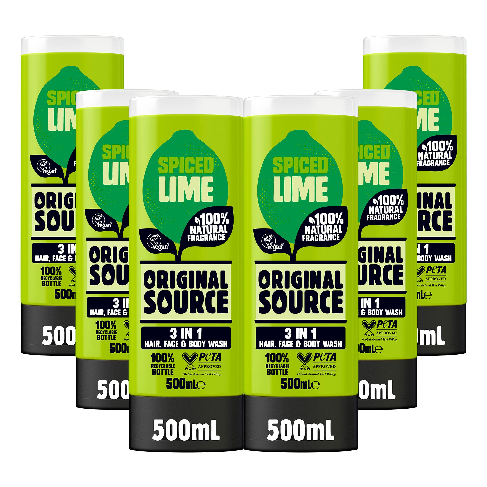 Original Source Spiced Lime 3-in-1 Shower Gel - Vegan - 6 x 500ml Bulk
