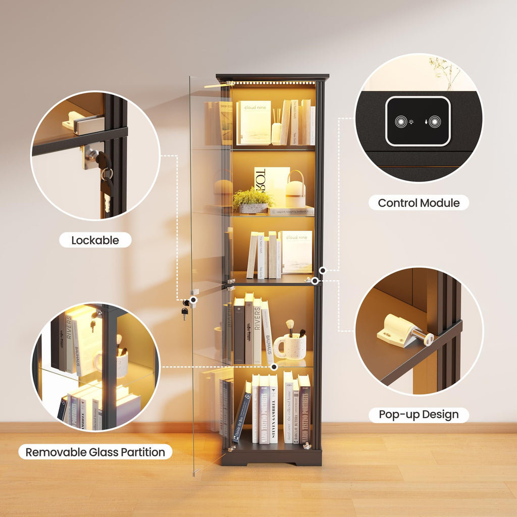 Gurexl 180cm Glass Display Cabinets with Lockable for Collectibles,Black - image 4