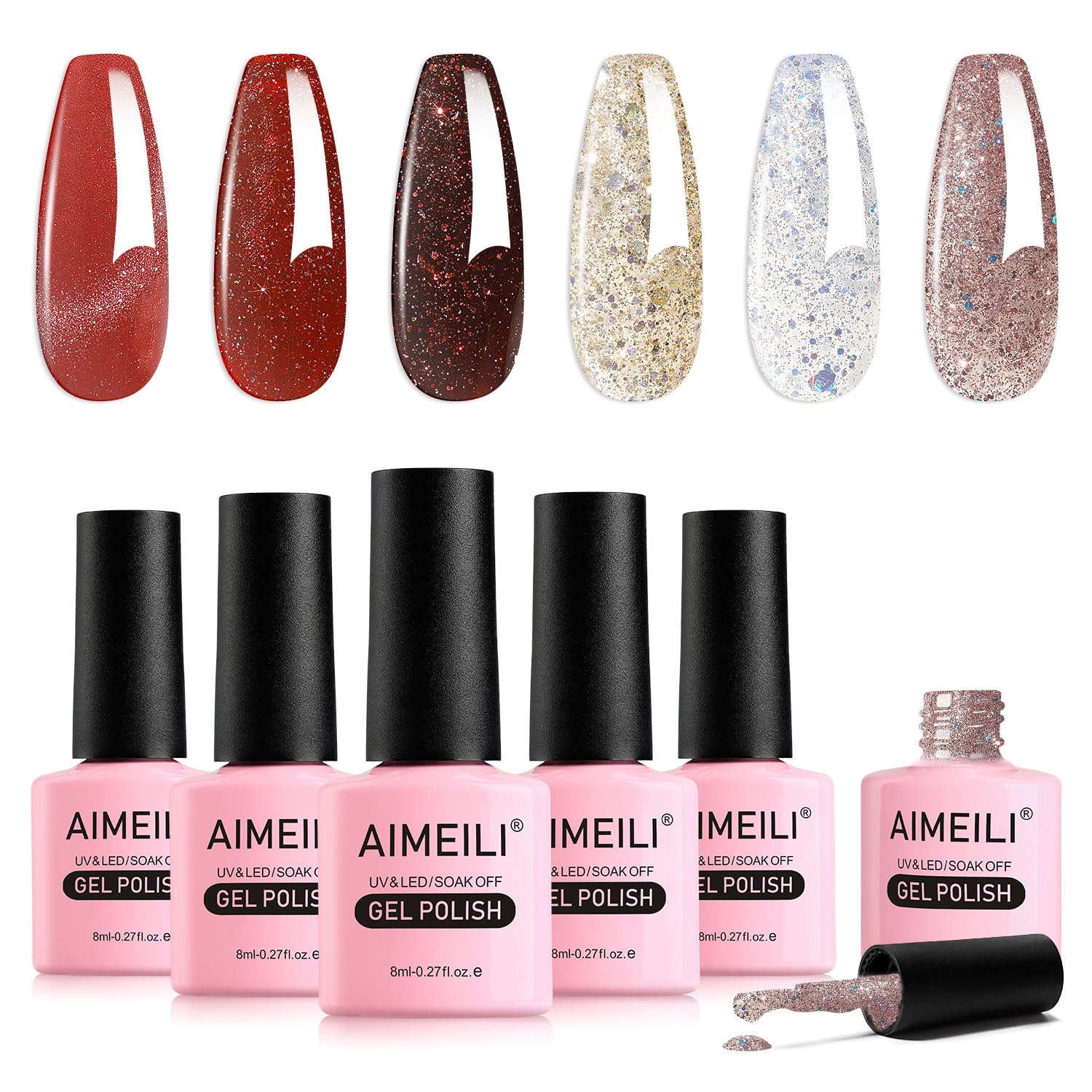 AIMEILI Hema-Free Gel Nail Polish Set - 6pcs Pink Glitter Gift Kit