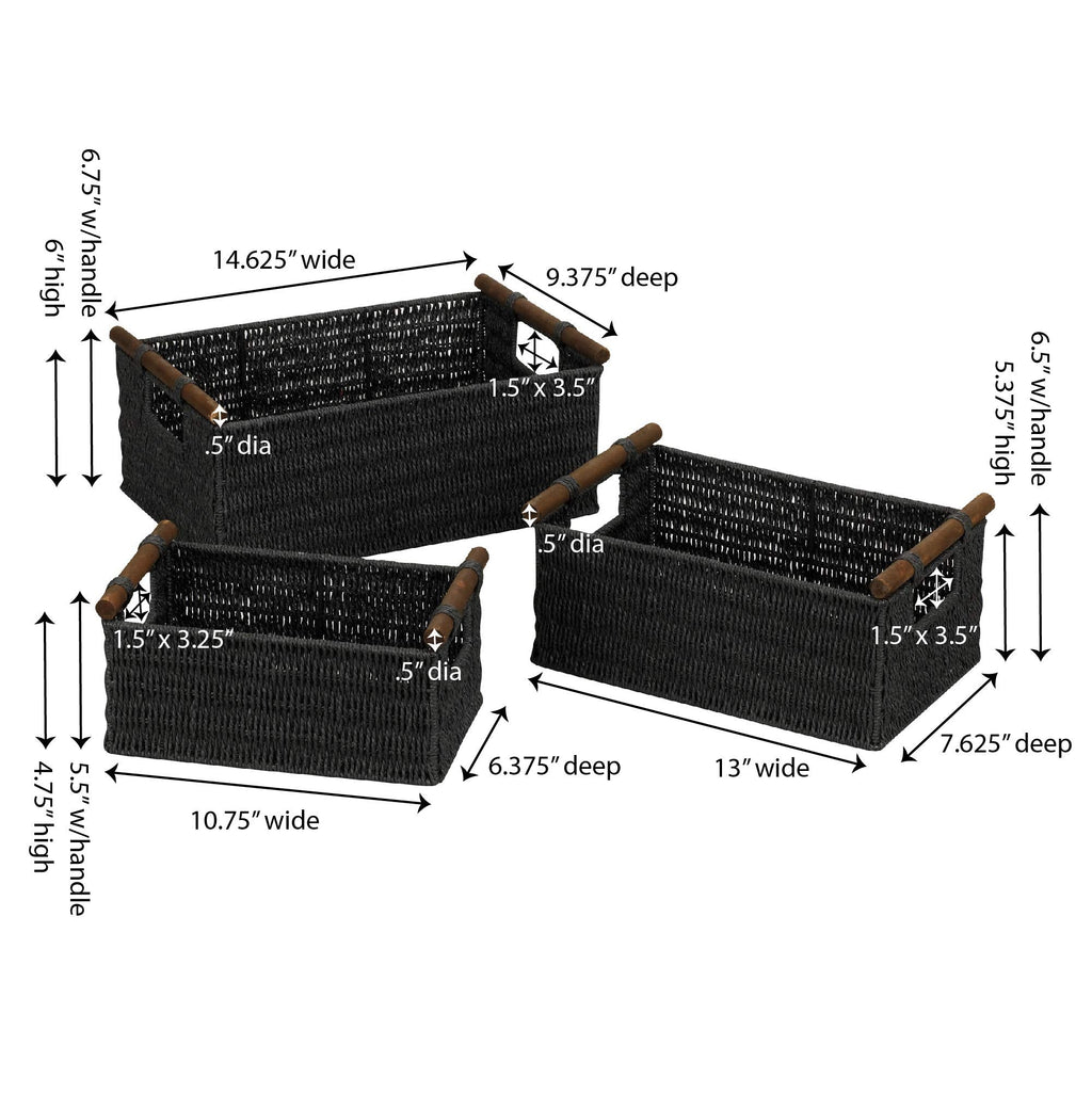 Household Essentials Decorative Woven Baskets, Set of 3 Baskets, Paper Rope with Wood Handles, Sturdy Metal Frame, Small, Medium and Large, Black - image 2