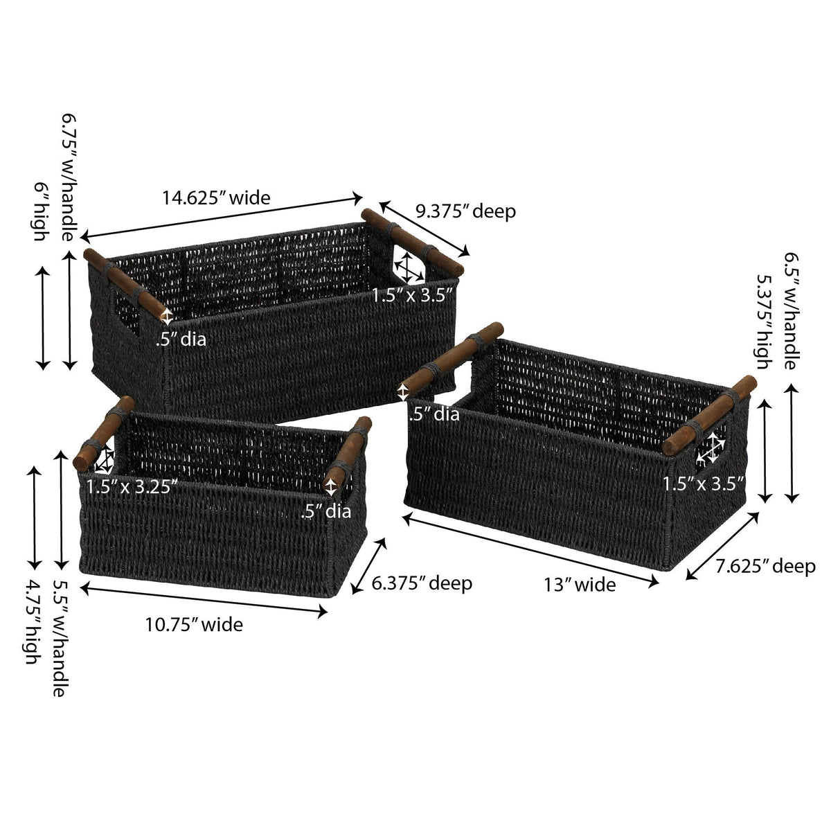 Household Essentials Decorative Woven Baskets, Set of 3 Baskets, Paper Rope with Wood Handles, Sturdy Metal Frame, Small, Medium and Large, Black - image 2
