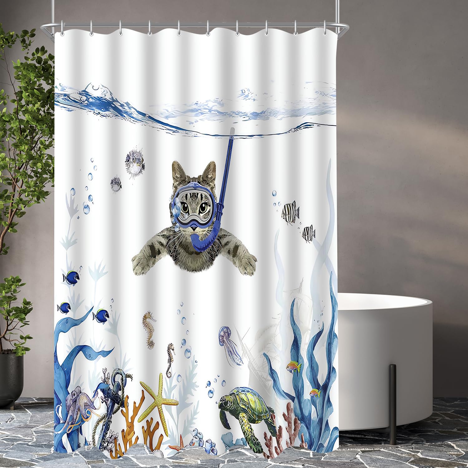 Lerores Cat Swimming Shower Curtain – Anti-Mould Polyester, 120x200cm
