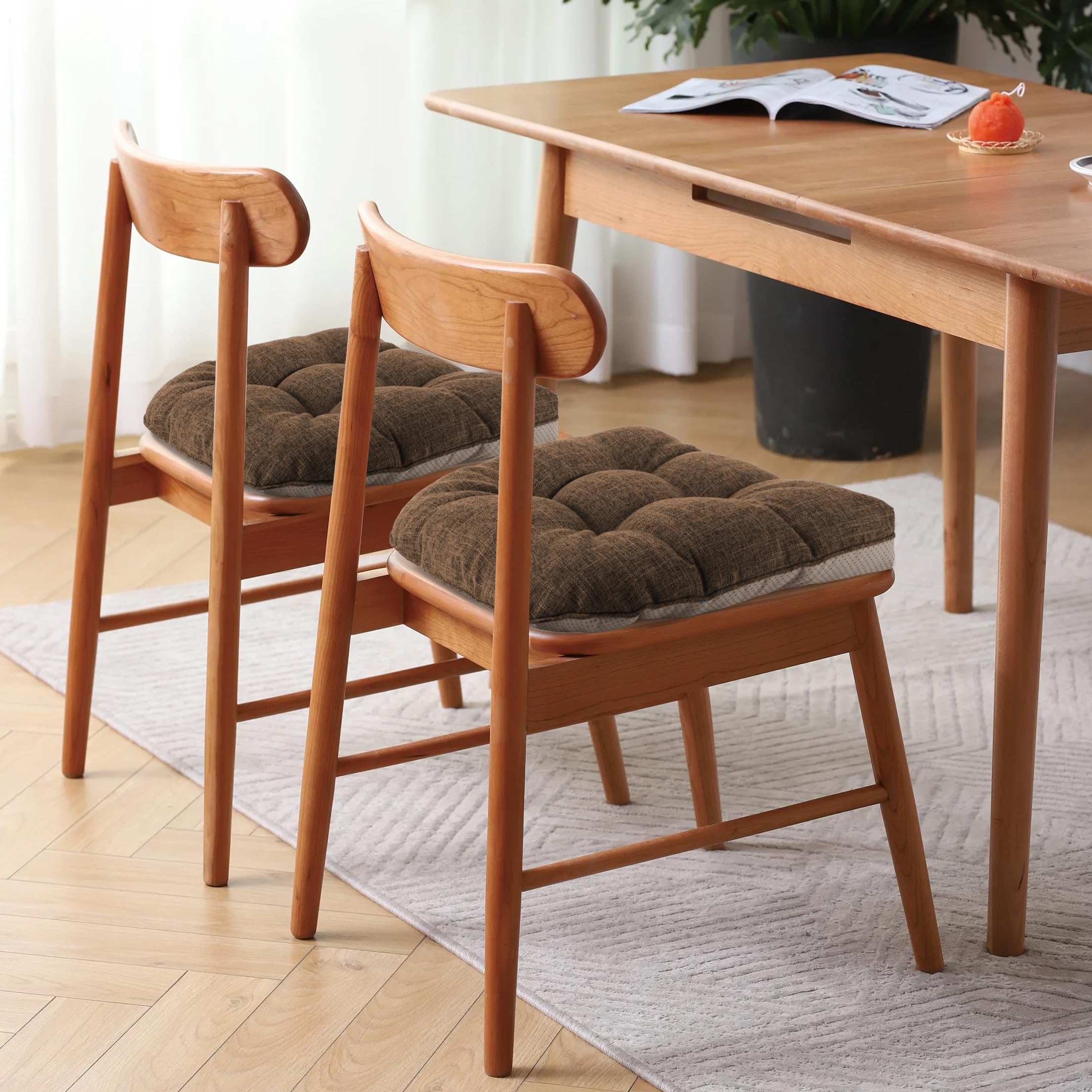 FlyGulls Non-Slip Dining Chair Cushions - Set of 4 Tufted Faux Linen Pads
