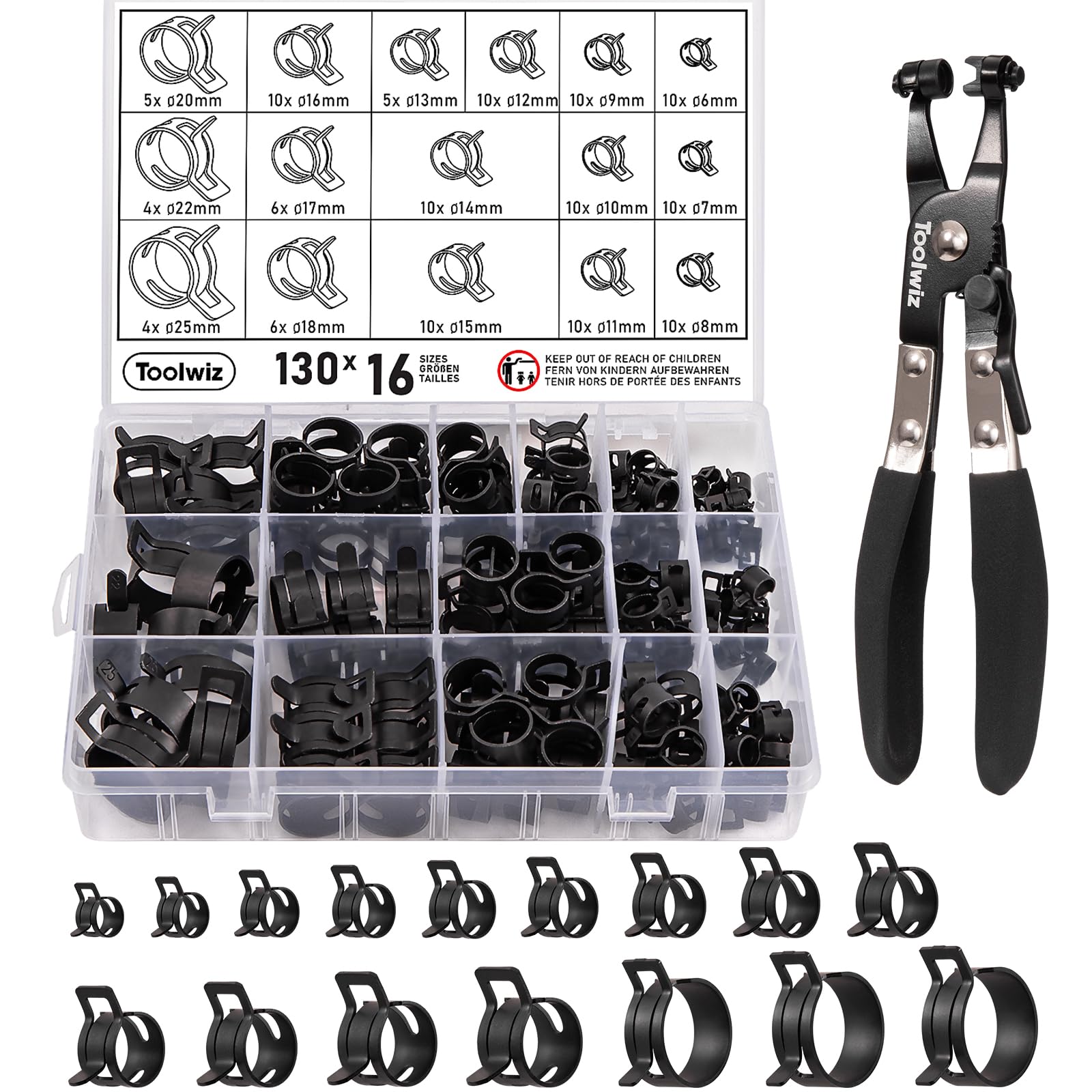 Toolwiz 130Pcs Spring Band Hose Clamp Assortment with Swivel Pliers