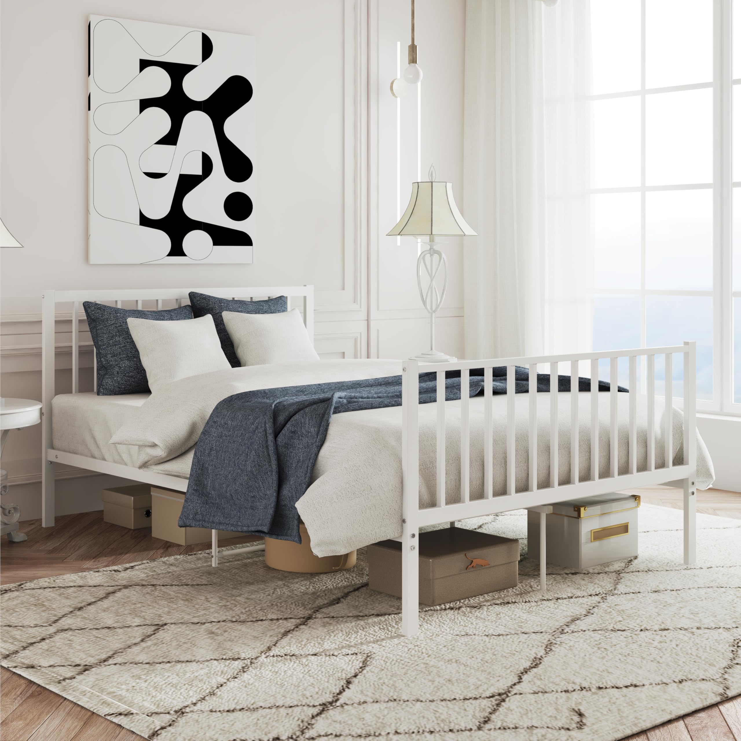 XINBEDEU 4ft6 Double Metal Bed Frame with Headboard and Storage - White