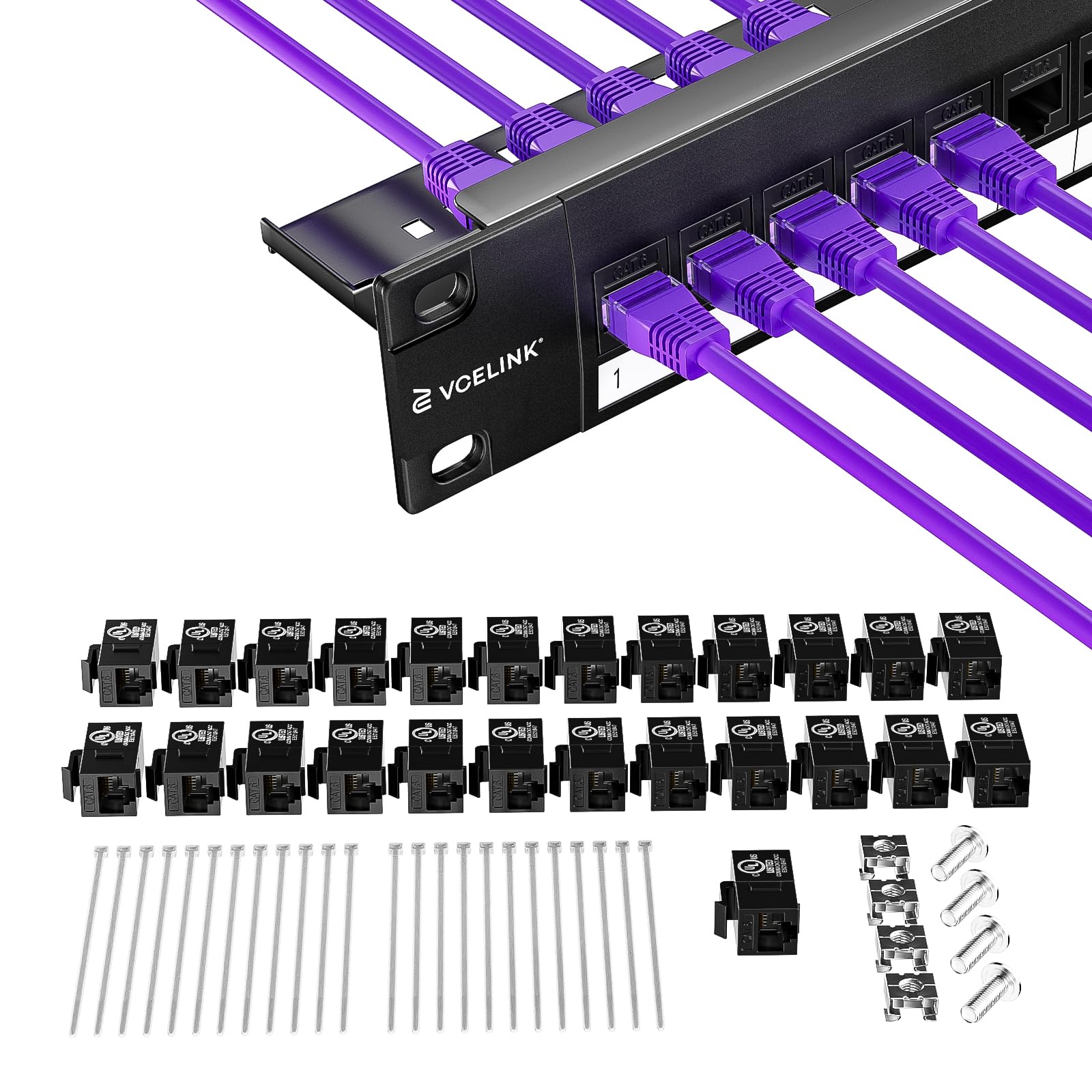 VCELINK 24 Port Keystone Patch Panel 1U 19-Inch with CAT6 Couplers