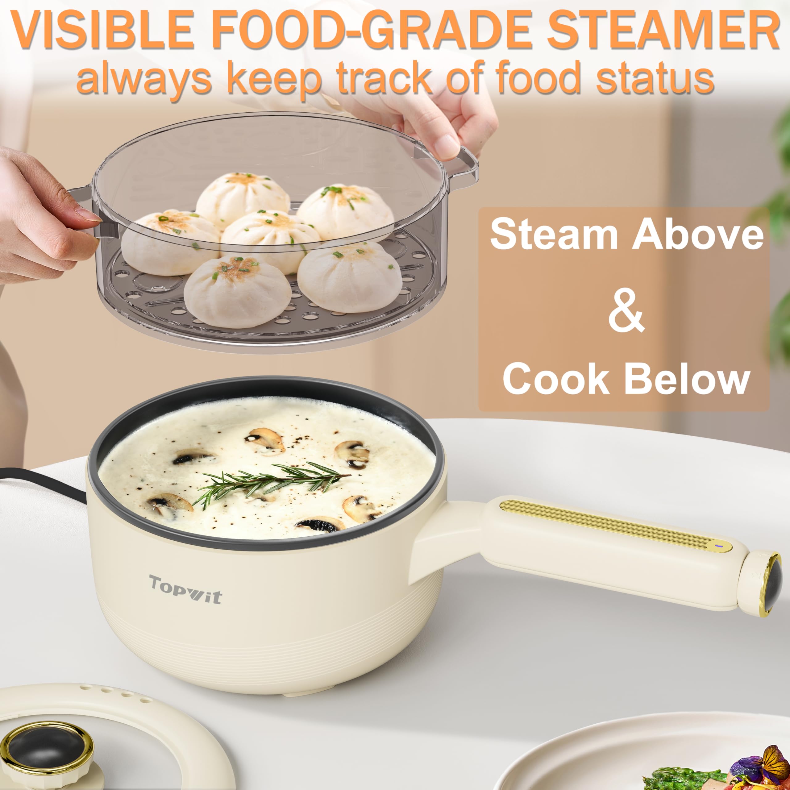Topwit 2L Electric Hot Pot with Steamer | Non-Stick Multifunctional Cooker