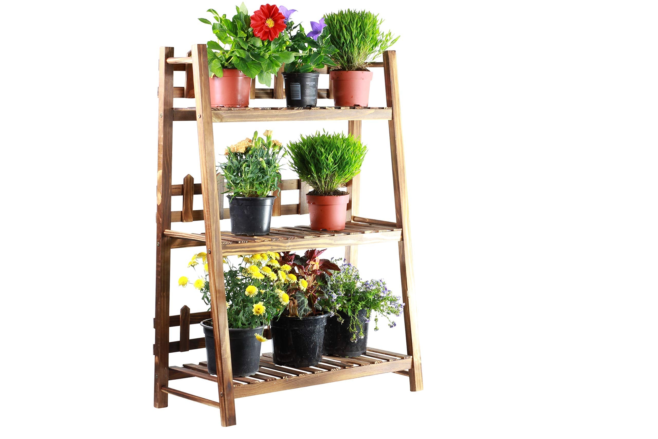GOLDBEARUK 3-Tier Wooden Plant Ladder – Flower Steps with Trellis