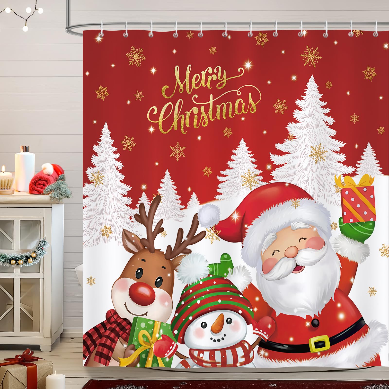 Bonhause Christmas Shower Curtain | Red Santa & Snowman | 180x180cm