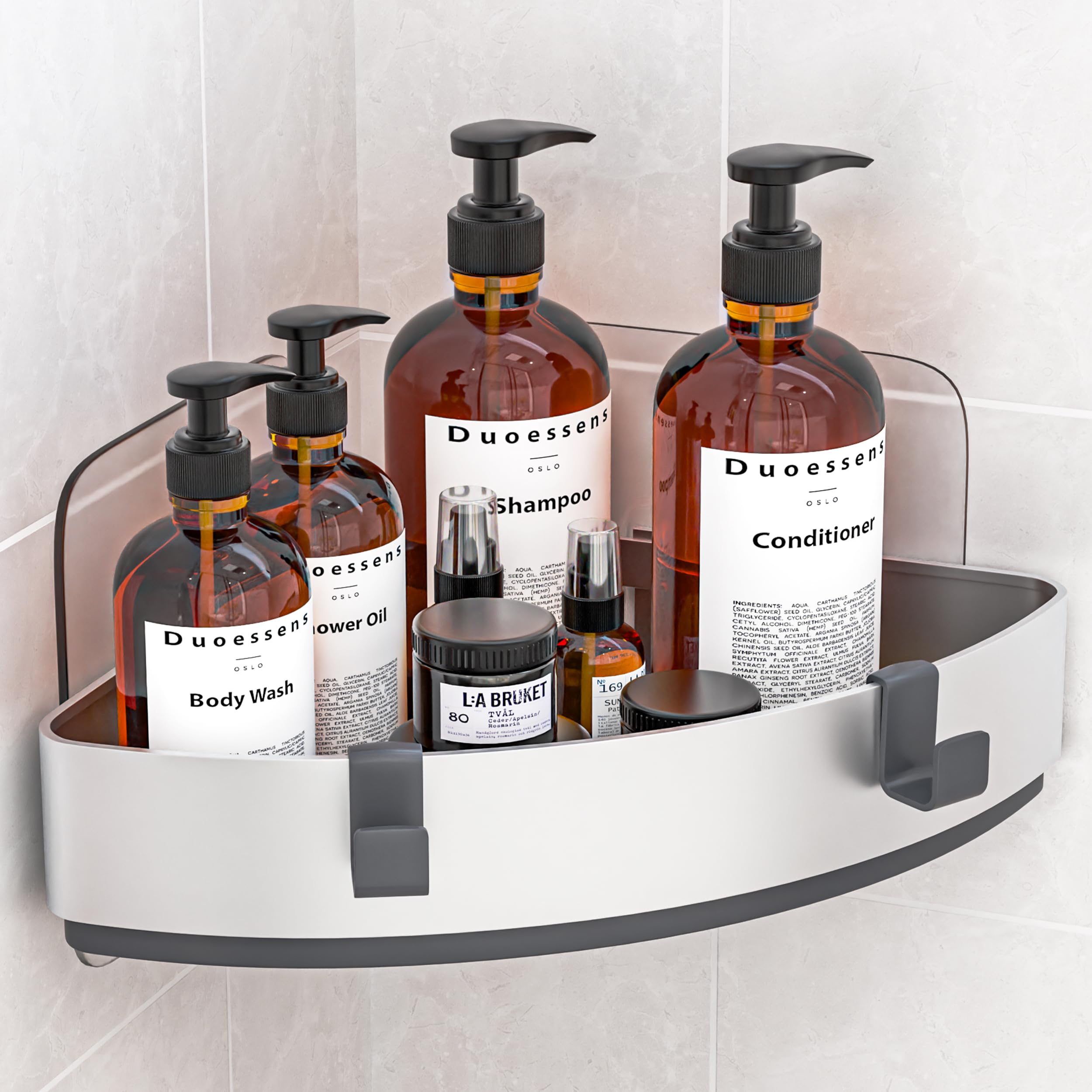 DUOESSENS Corner Shower Caddy – Rustproof Aluminum Shelf with Hooks