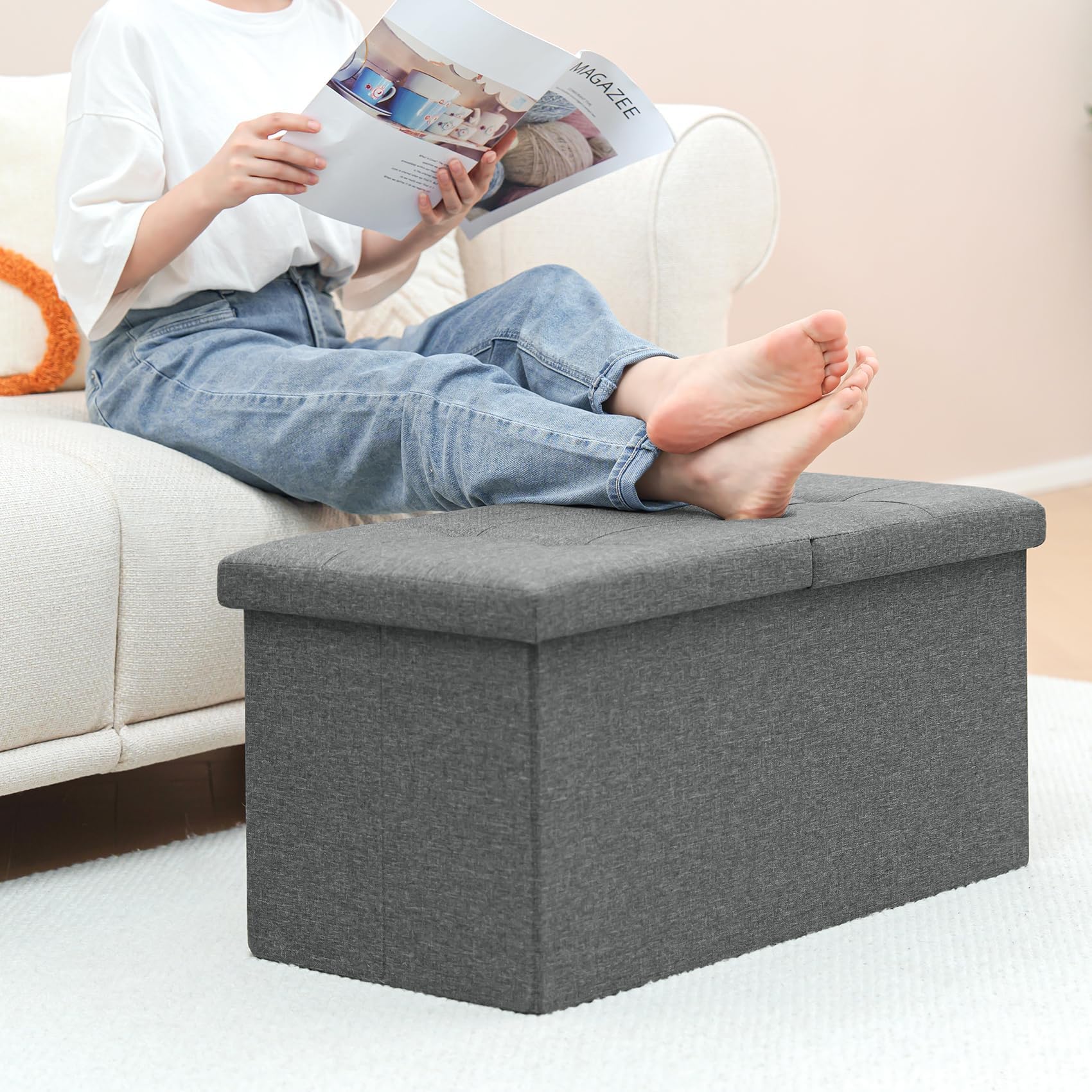 Bonlife Foldable Storage Ottoman Bench | Linen Gray Footstool - 76cm