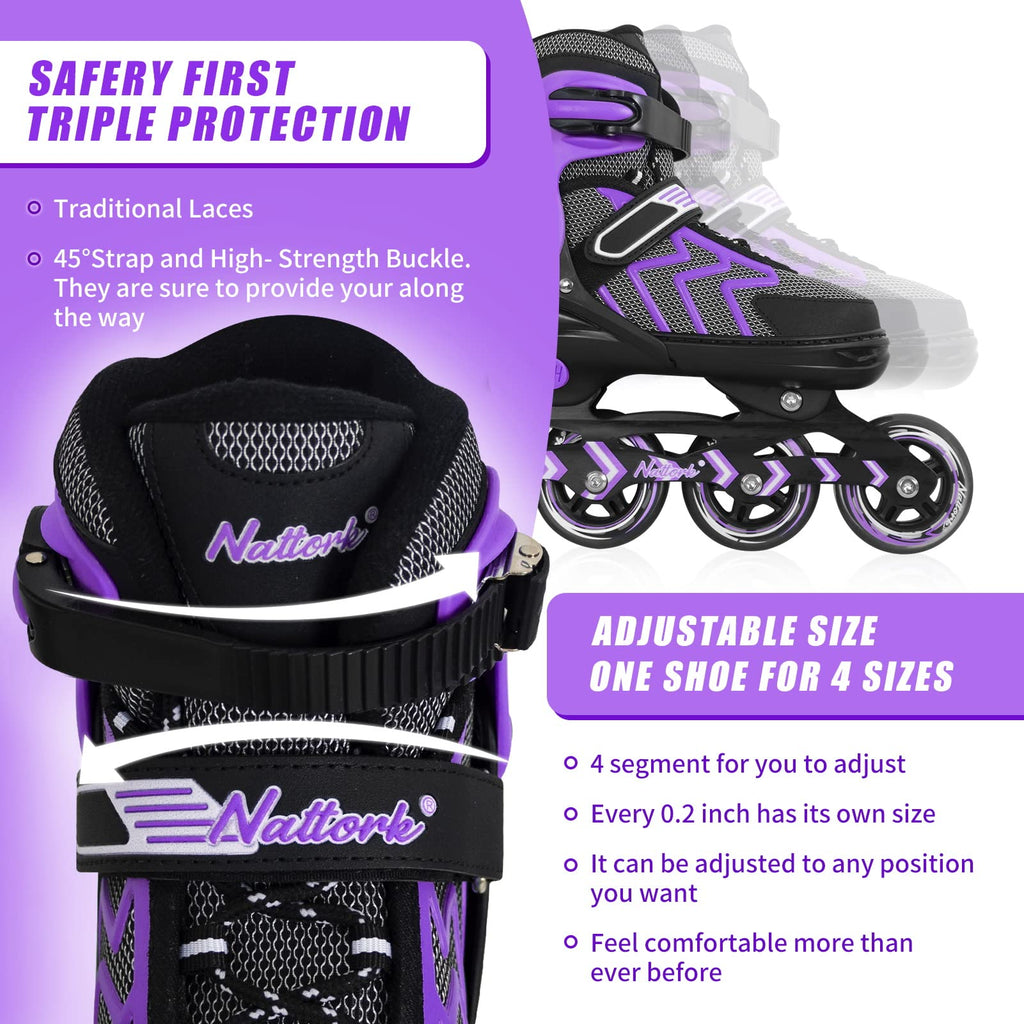 Nattork Adjustable Inline Skates | Purple Outdoor Roller Blades for Adults