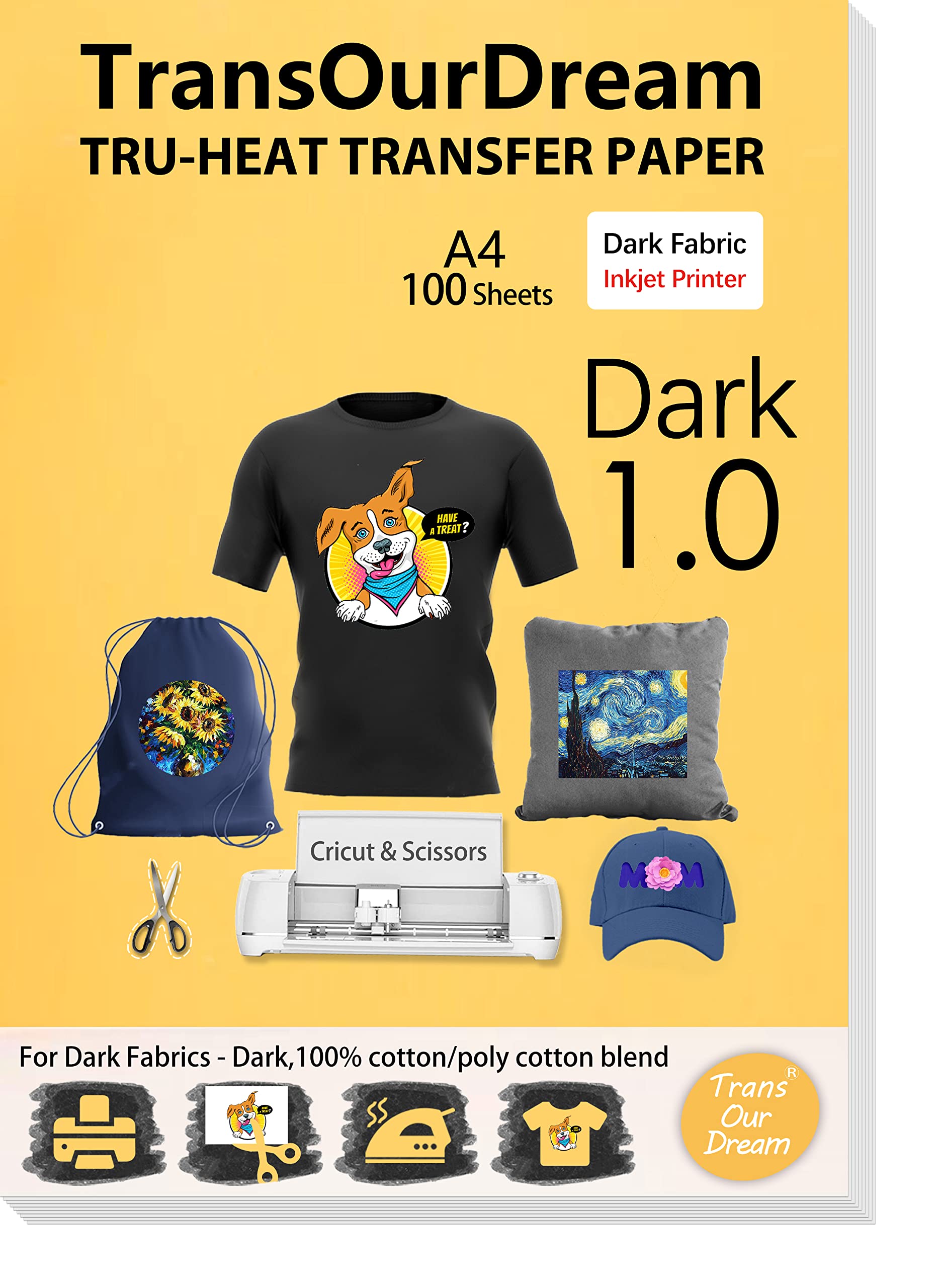 TransOurDream Inkjet Iron On Heat Transfer Paper for Dark Fabrics - 100 Sheets