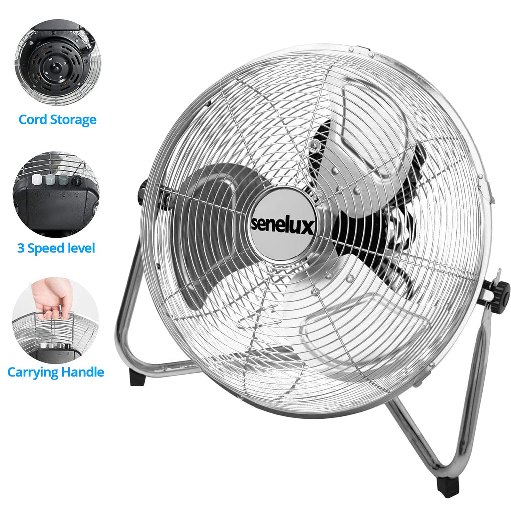 Senelux 12 Inch High Velocity Floor Fan | 3-Speed Chrome Gym Fan