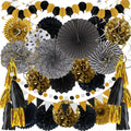 ZERODECO Black and Gold Party Decorations - 41 Pcs Paper Fans & Garlands