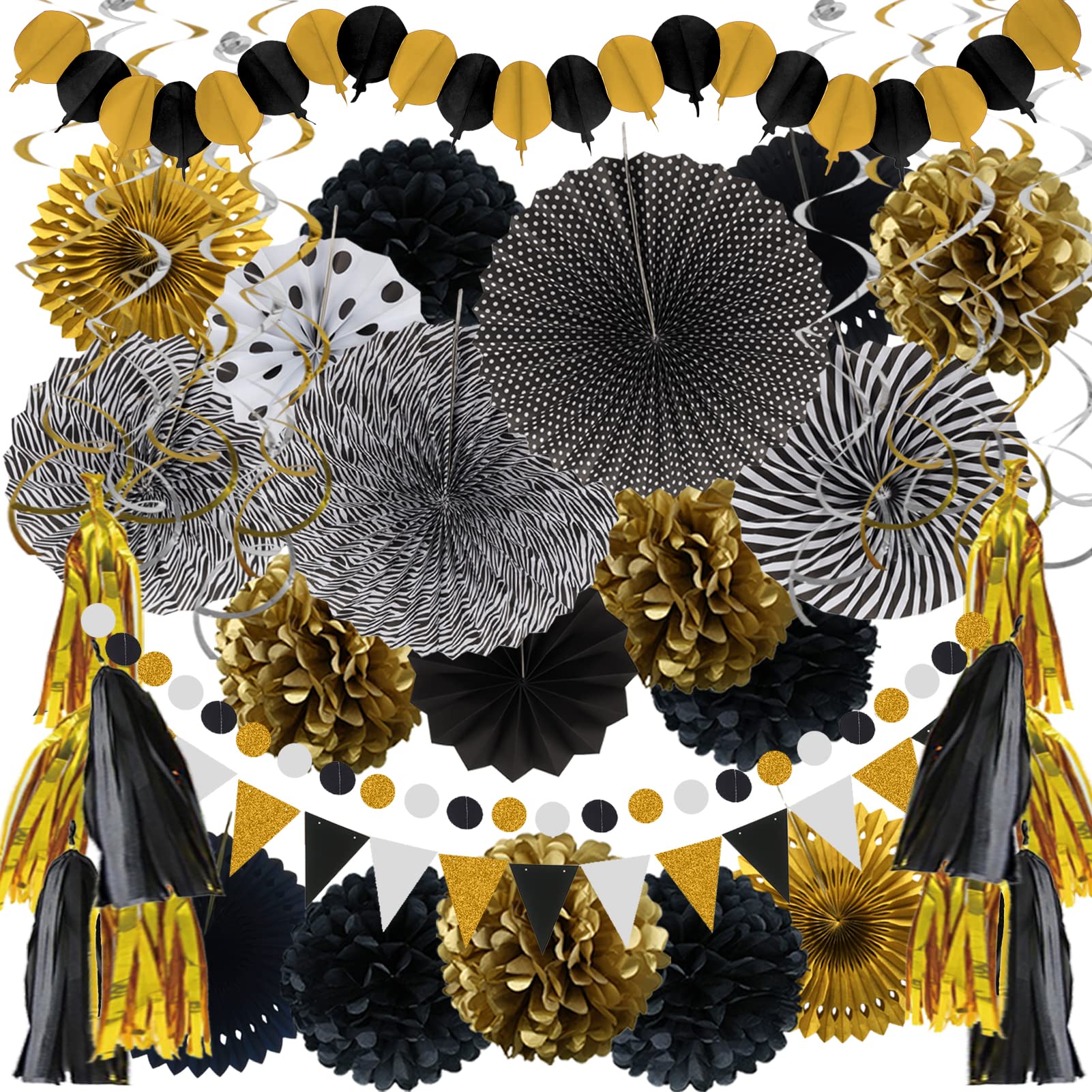 ZERODECO Black and Gold Party Decorations - 41 Pcs Paper Fans & Garlands