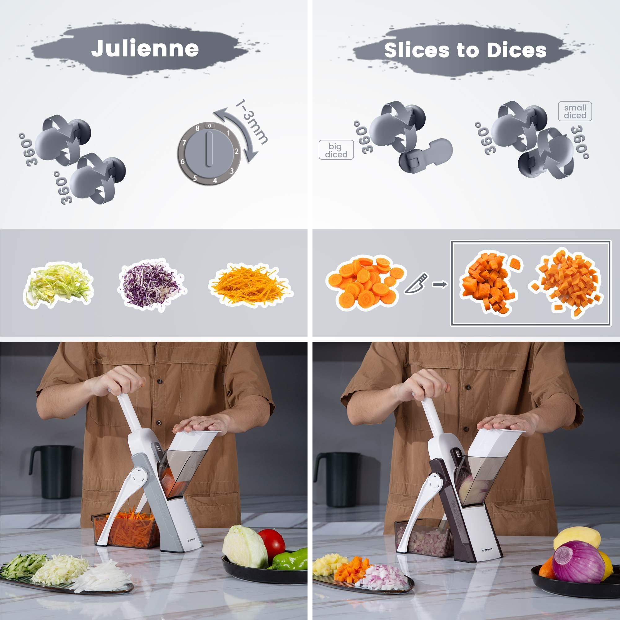 SUPMAKIN Safe Mandoline Slicer – 4 Mode Vegetable Chopper & Dicer