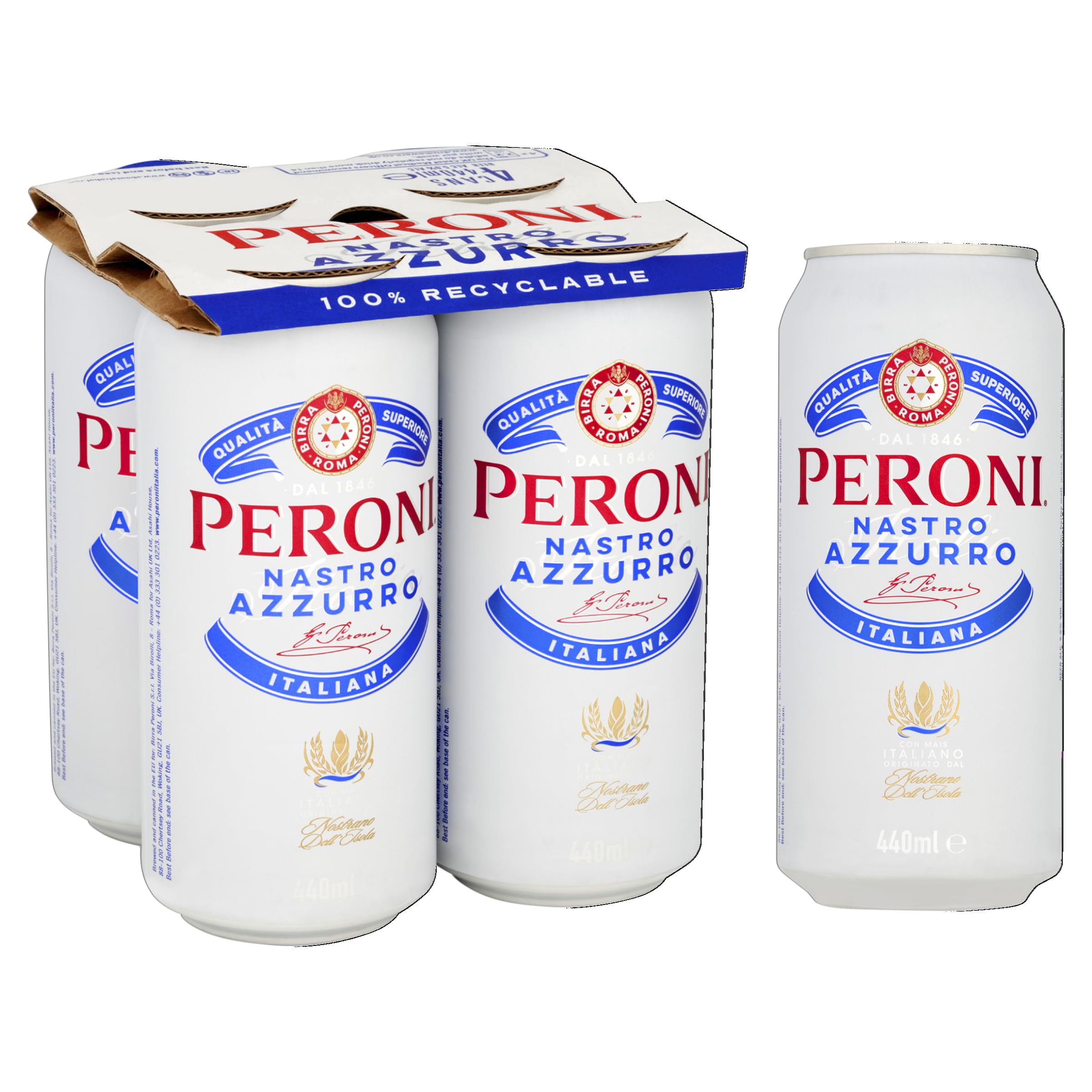 Peroni Nastro Azzurro Premium Italian Lager - 24 x 440ml Cans, 5% ABV
