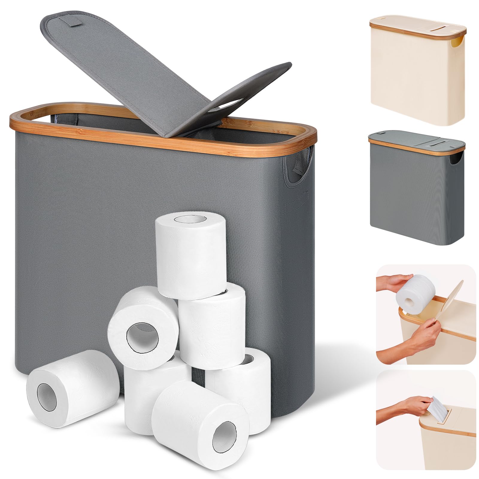 efluky 30L Toilet Roll Storage Basket with Lid – Bamboo 12-Roll Organizer