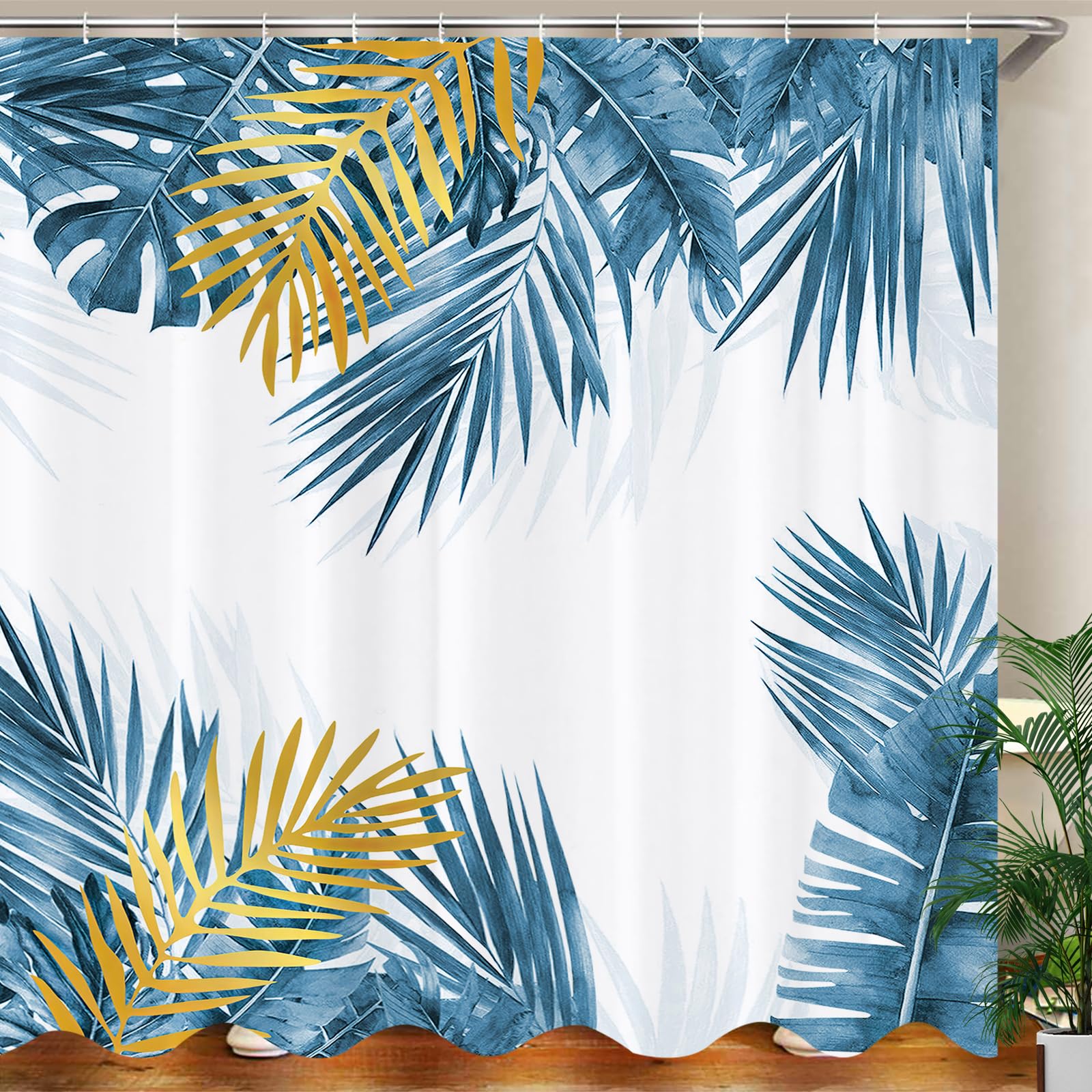 JOOCAR Blue Gold Tropical Leaf Shower Curtain | Waterproof Fabric, 72x72