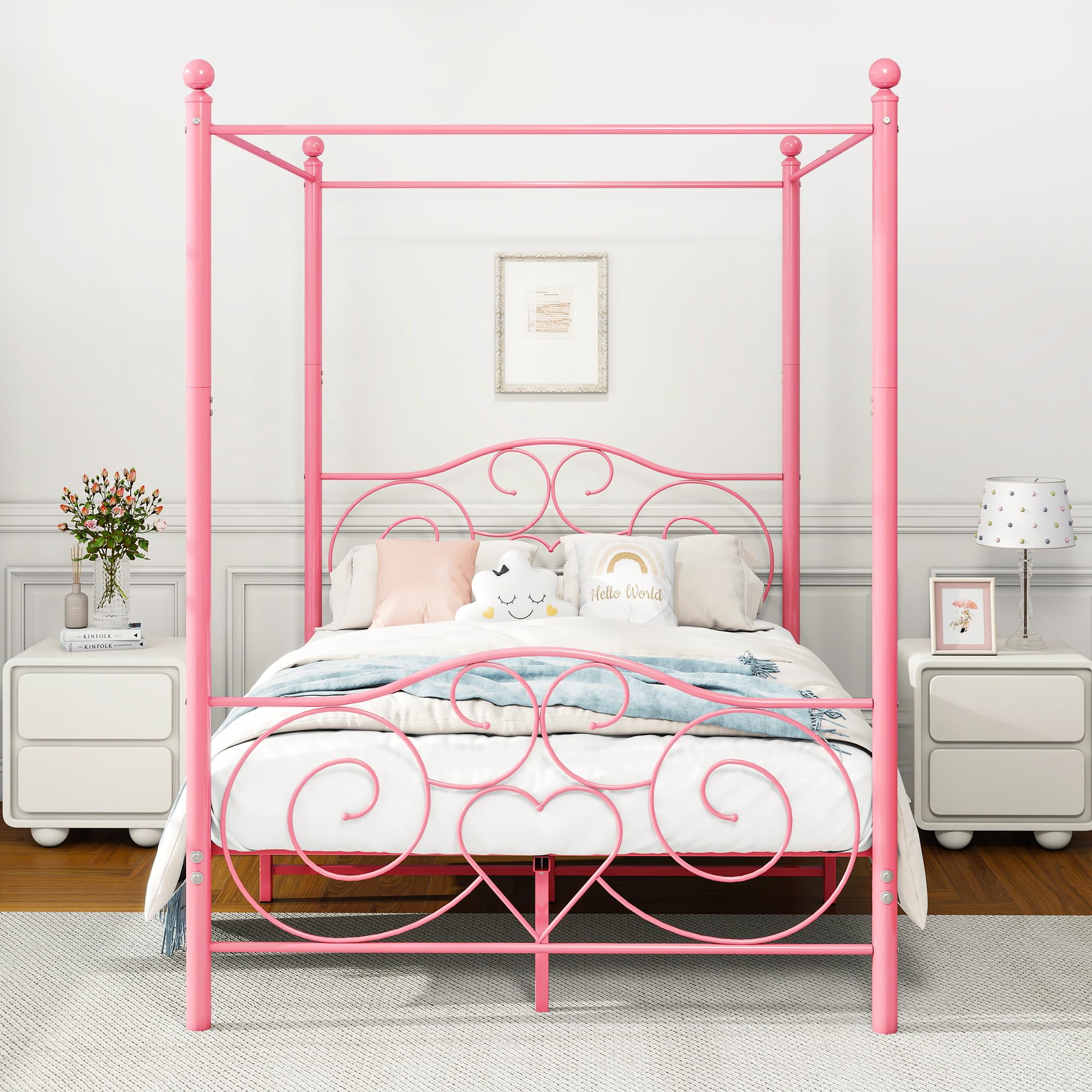 HAHRIR 4ft6 Double Canopy Bed Frame | Pink Metal Platform with Headboard