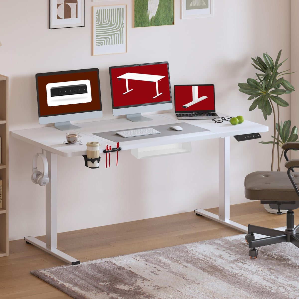 SANODESK 160 * 60 Electric Standing Desk Height Adjustable Desk Built-in Cup Holder, Hooks - image 2