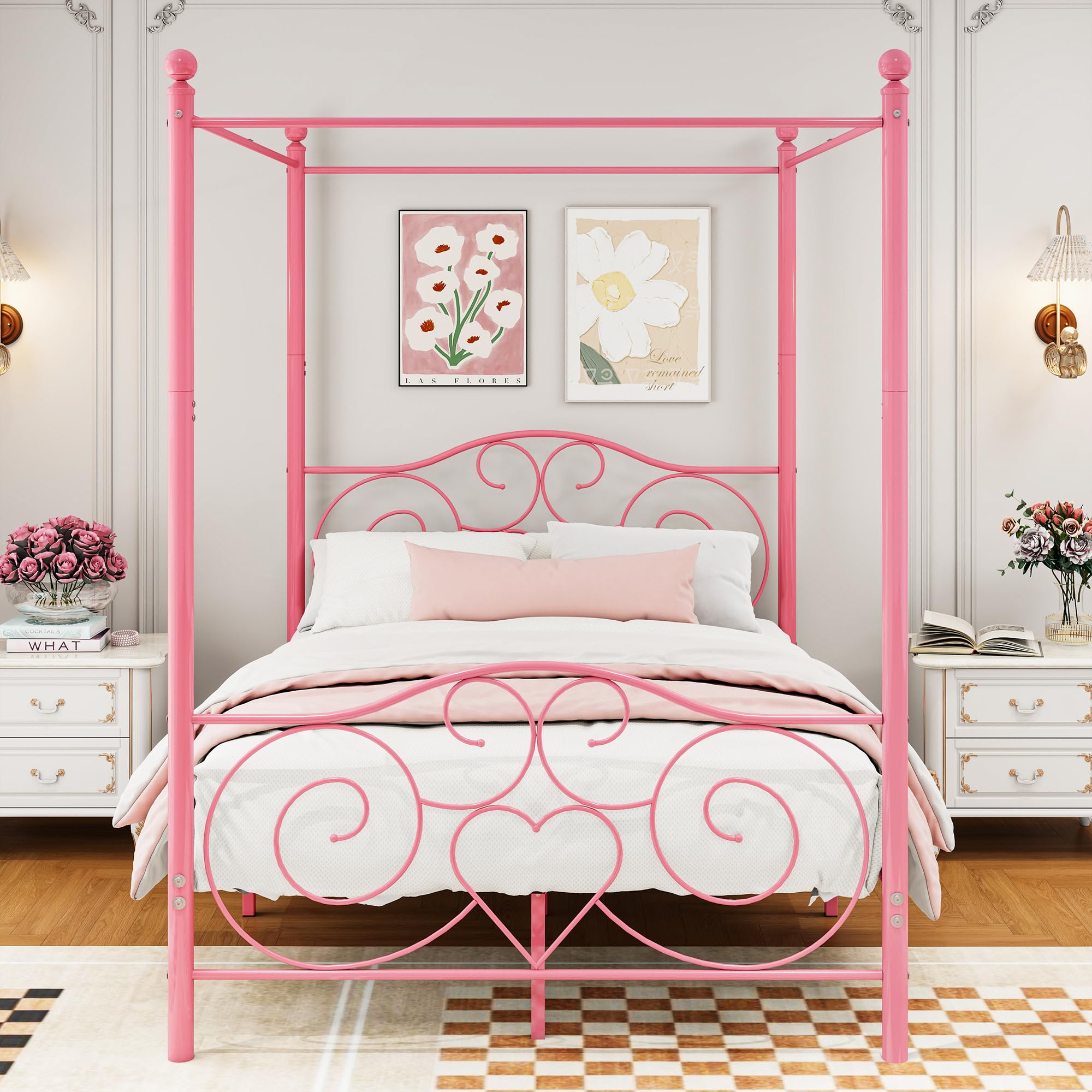 HAHRIR King Canopy Bed Frame | Pink Metal Platform with Headboard