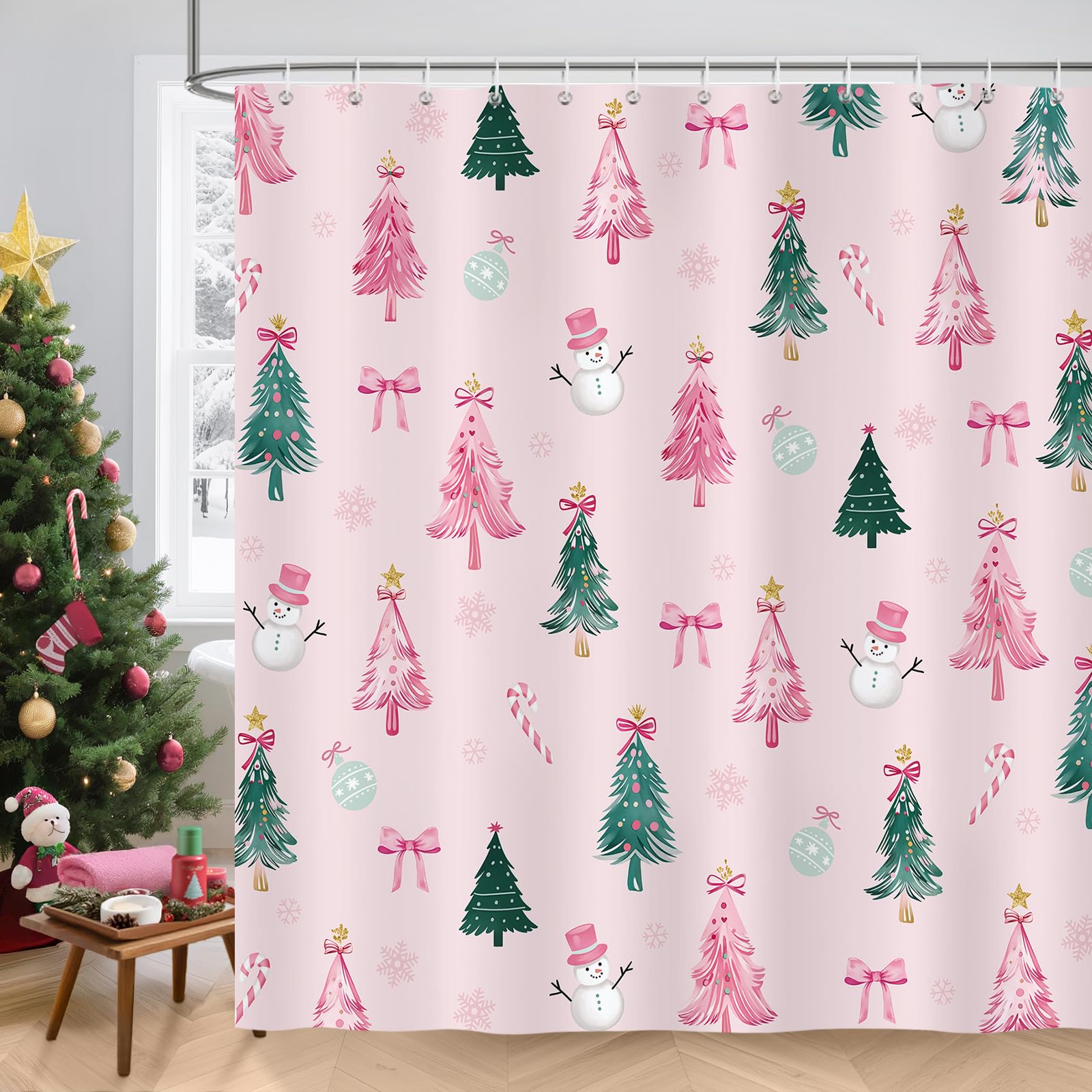 COZZSNUGE Christmas Shower Curtain | Pink Winter Snowman Polyester, 180x180cm