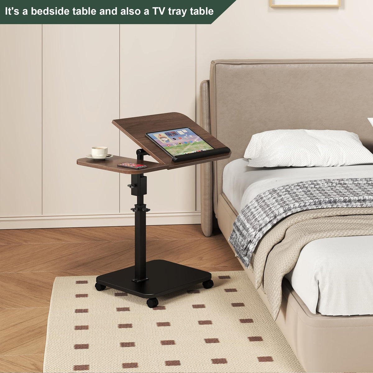 Adjustable Height C Shaped End Table with Wheels,360°Swivel Side Table, Top Tilting Laptop Stand TV Table for Sofa/Bed - image 5