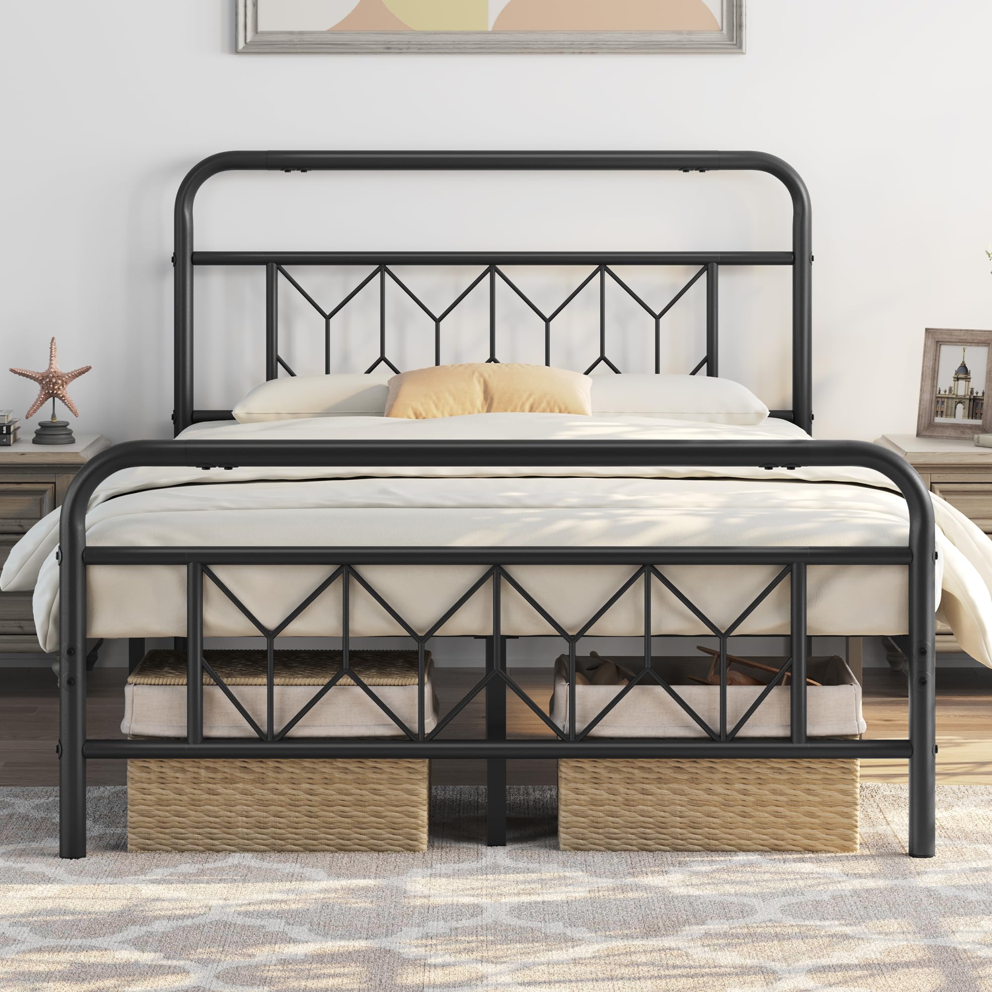 Yaheetech 4ft6 Double Metal Bed Frame | Diamond Pattern Headboard