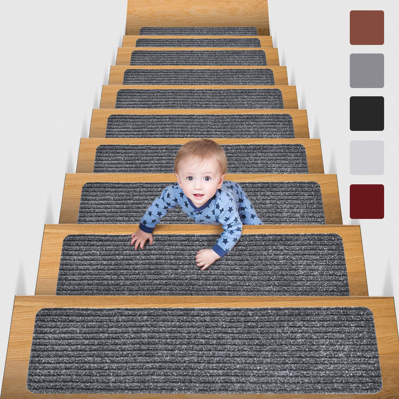 MBIGM Non-Slip Carpet Stair Treads | 15 Pack Grey Safety Rugs | 8" x 25.6"