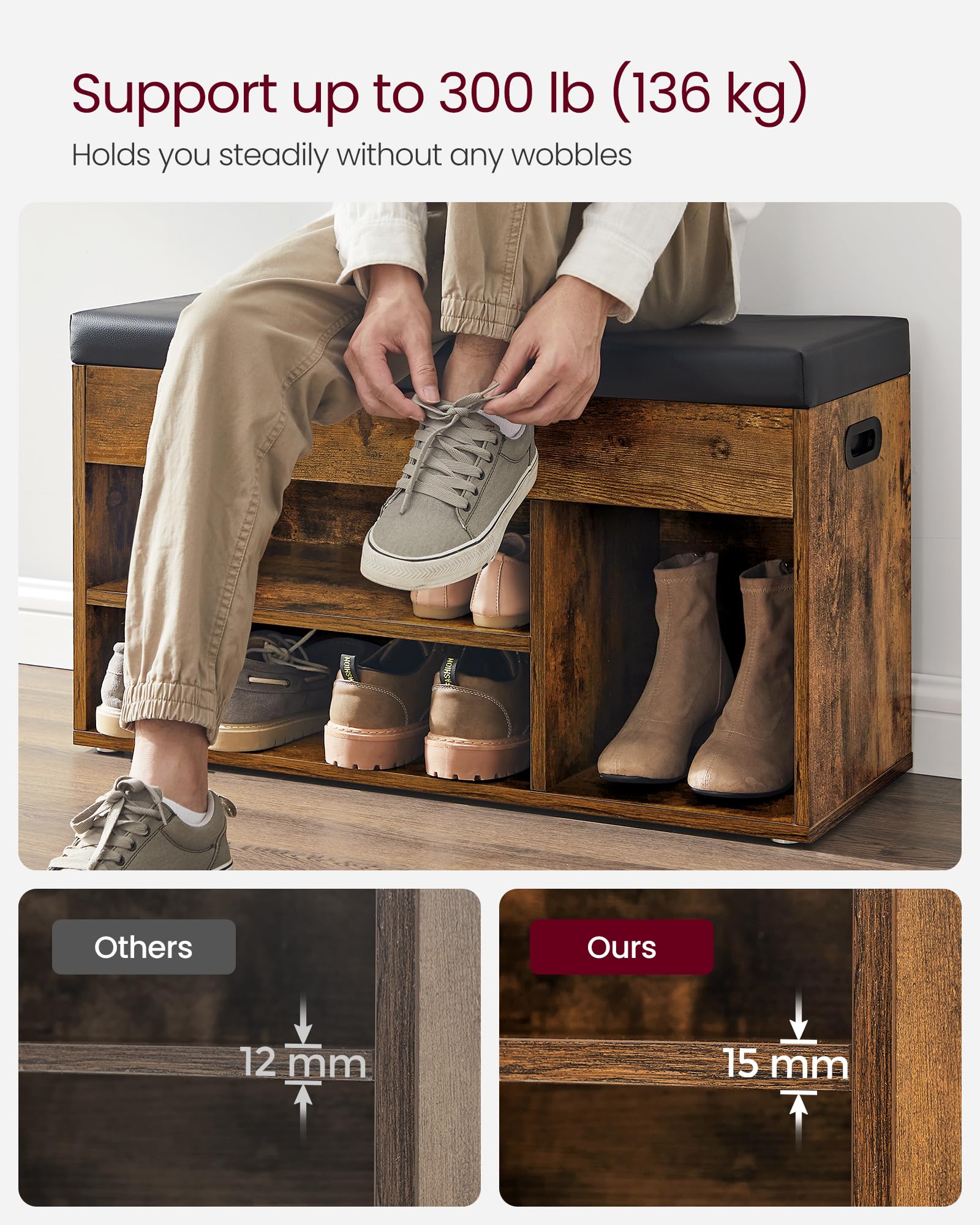 VASAGLE Shoe Bench with Padded Seat and Hidden Storage – Rustic Brown
