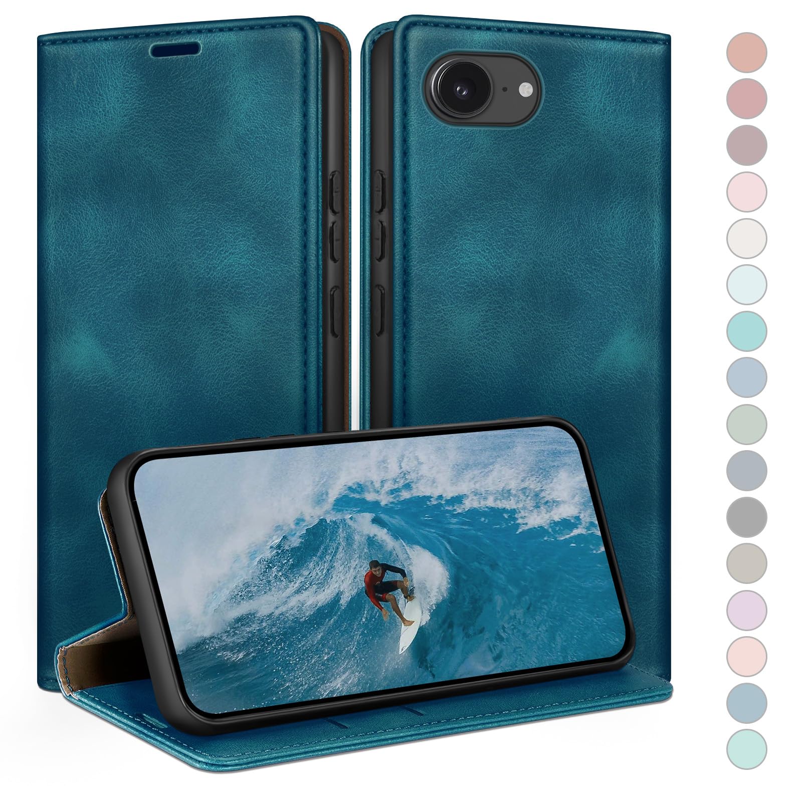 HUOUH iPhone 16e Wallet Case – RFID Blocking Leather Folio in Teal