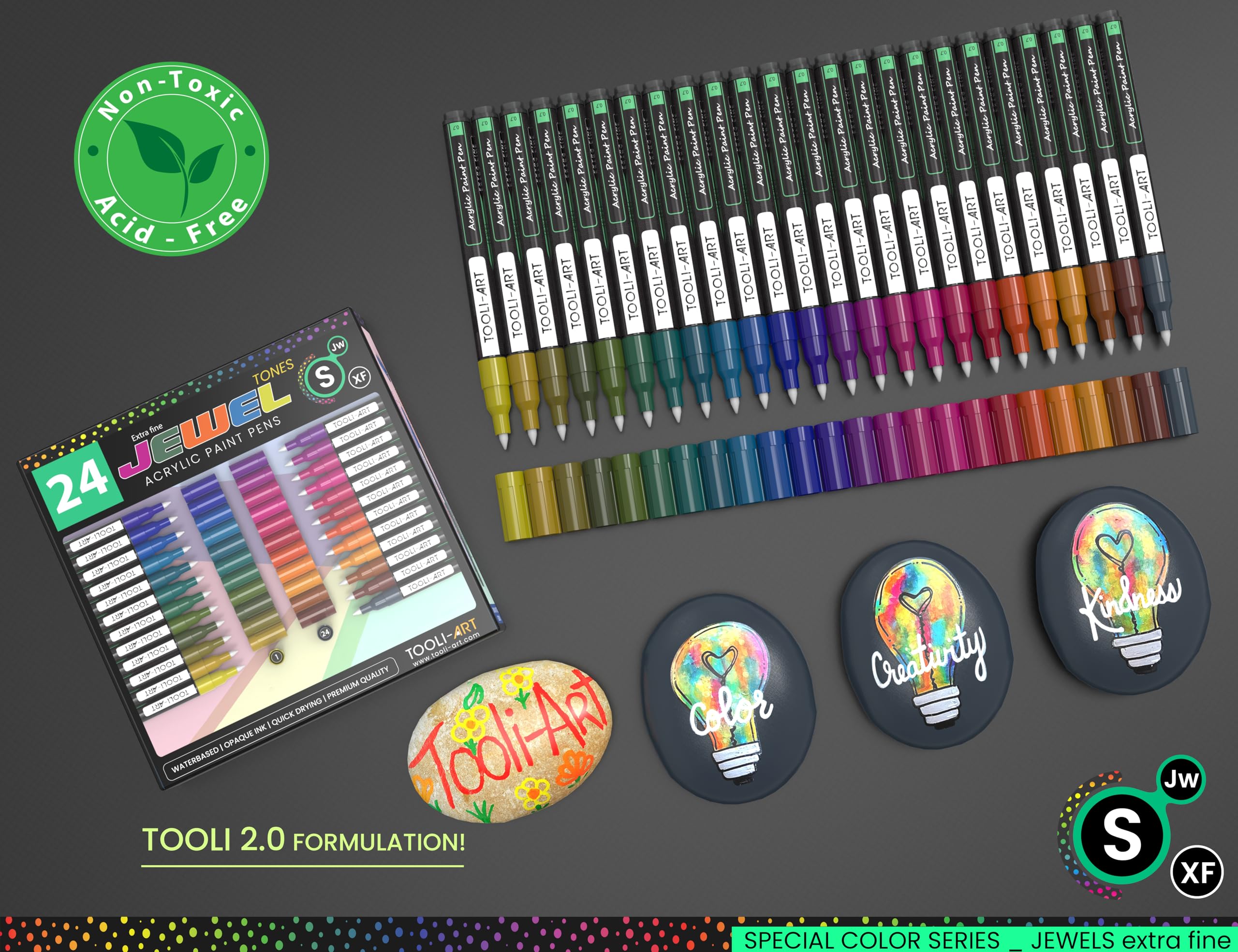 TOOLI-ART Jewel Acrylic Paint Markers – 24 Extra-Fine 0.7mm Pens for Rocks
