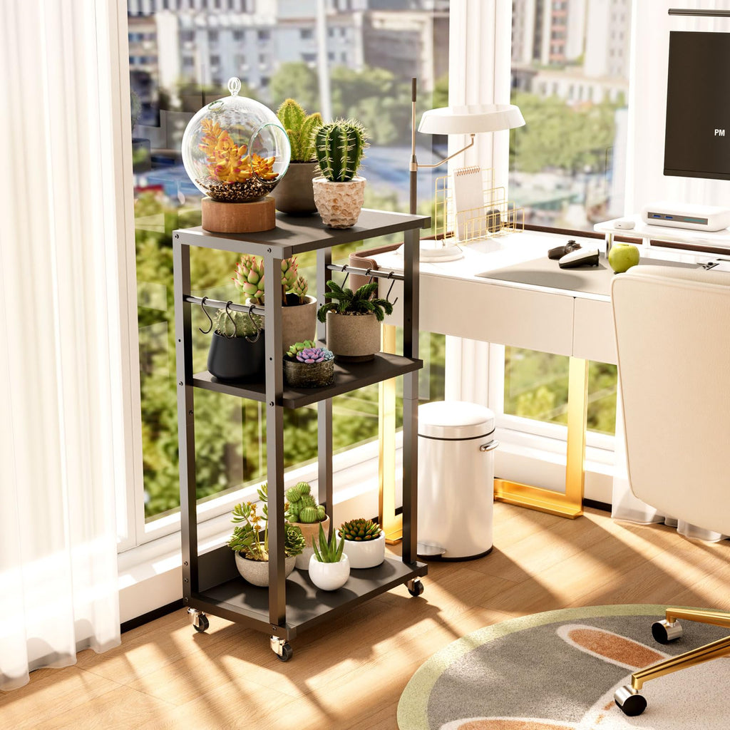 YMYNY 3-Tier Mobile Printer Stand | Adjustable Wood Rolling Cart on Wheels