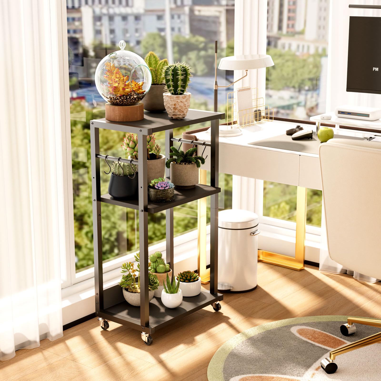 YMYNY 3-Tier Mobile Printer Stand | Adjustable Wood Rolling Cart on Wheels