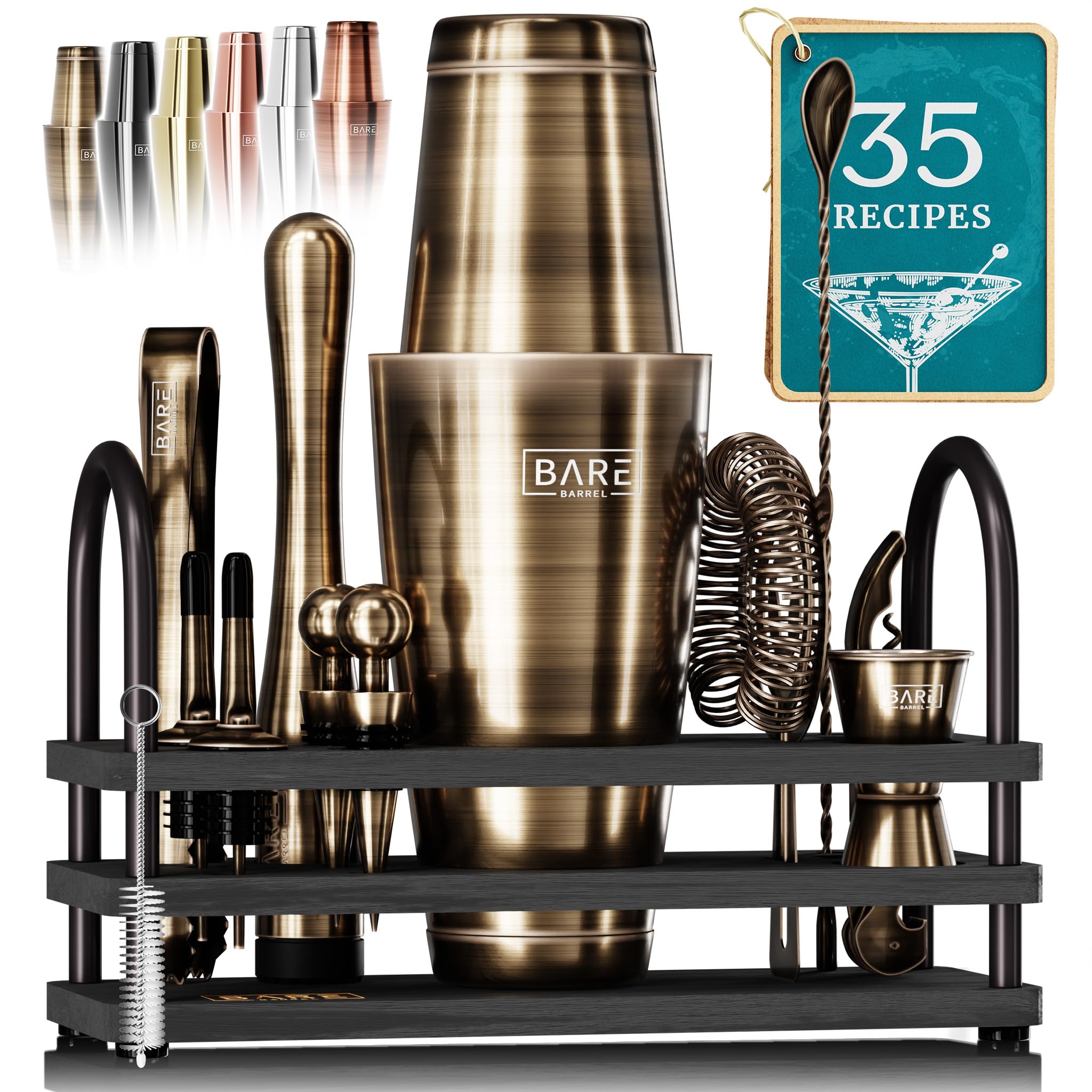Bare Barrel 14-Piece Cocktail Making Kit with Bamboo Stand & Recipes