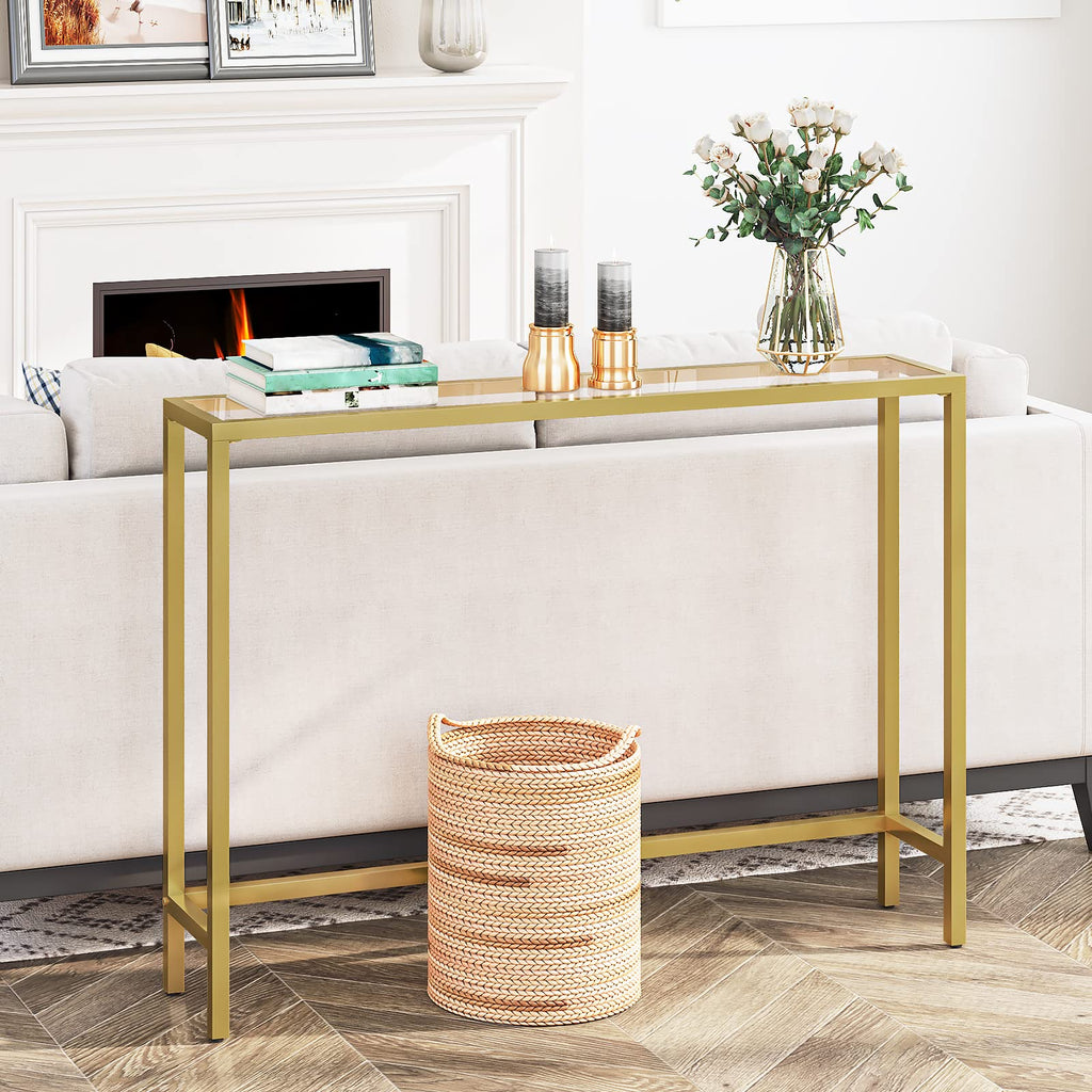 HOOBRO Gold Console Table | 100cm Slim Tempered Glass Hallway Table