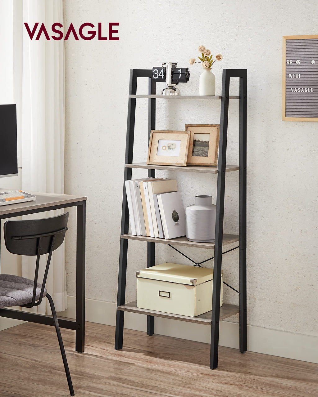 VASAGLE 4-Tier Ladder Shelf – Industrial Steel Frame Bookcase, Greige